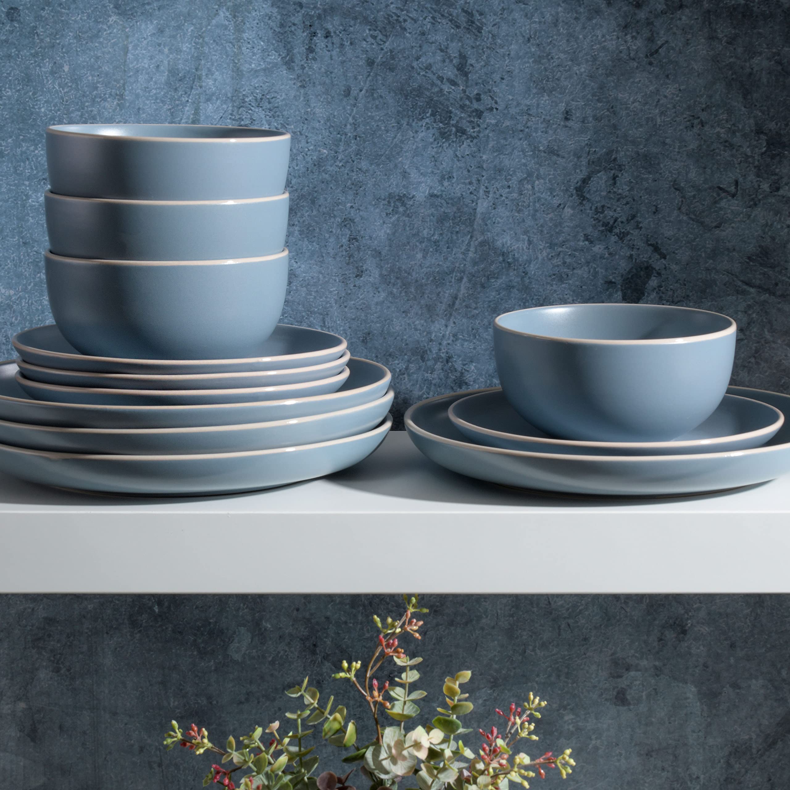 Gibson Home Rockaway Round Stoneware Dinnerware Set for 4 - 12 Piece Blue Ceramic Plates & Bowls | Elegant Table Setting for Family Dinners, Parties & Restaurant Use