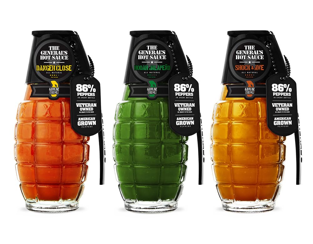 General's Hot Sauce Tres Soldados - 3 Pack (6 oz Each) | Gourmet Hot Sauce with American-Grown Cayenne & Habanero Peppers | Danger Close, Hooah Jalapeno, Shock & Awe Flavors | Perfect for Tacos, Wings & BBQ | Spicy Food Lover's Gift