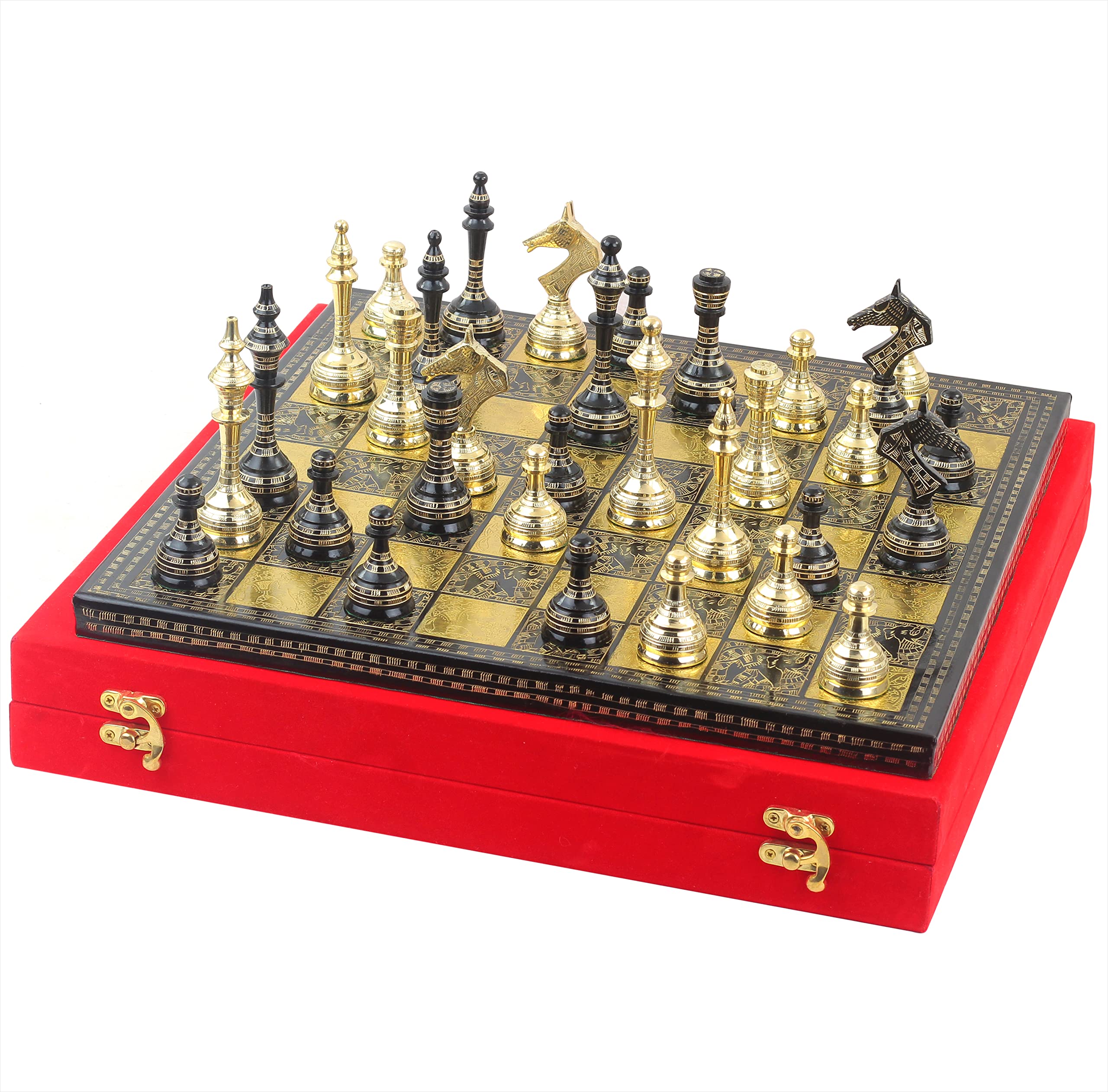 13 Inches Solid Brass Chess Set with Storage Case - Black & Gold Chess Board for Home Decor, Game Night, and Gifts