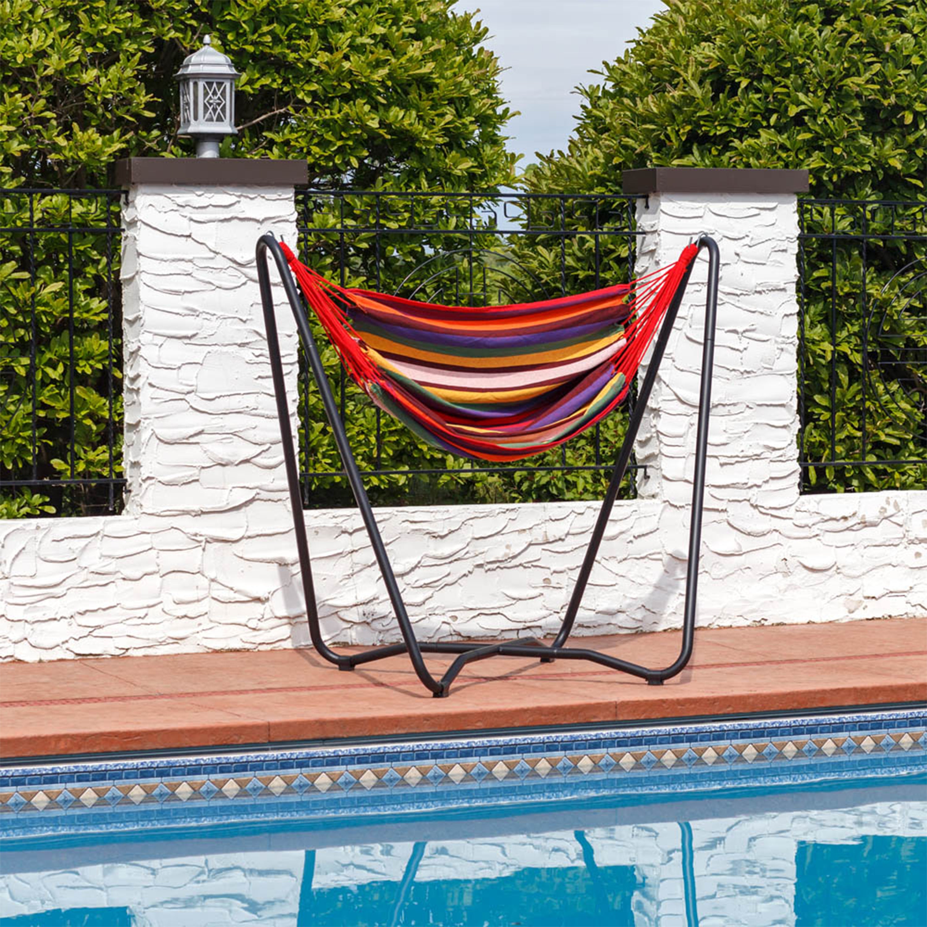 Sunnydaze Hanging Rope Hammock Chair with Space-Saving Stand - Indoor/Outdoor Swing Chair for Patio, Garden, Balcony & Bedroom Relaxation