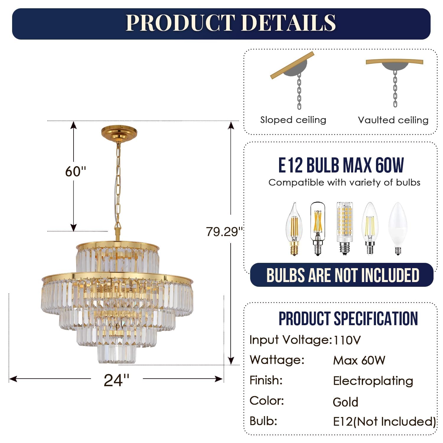 Modern Gold Crystal Chandelier - 12-Light Pendant Ceiling Light Fixture (24 Inch Diameter) for Dining Room, Living Room, Foyer, Hallway - Elegant Lighting for Home Decor & Special Occasions