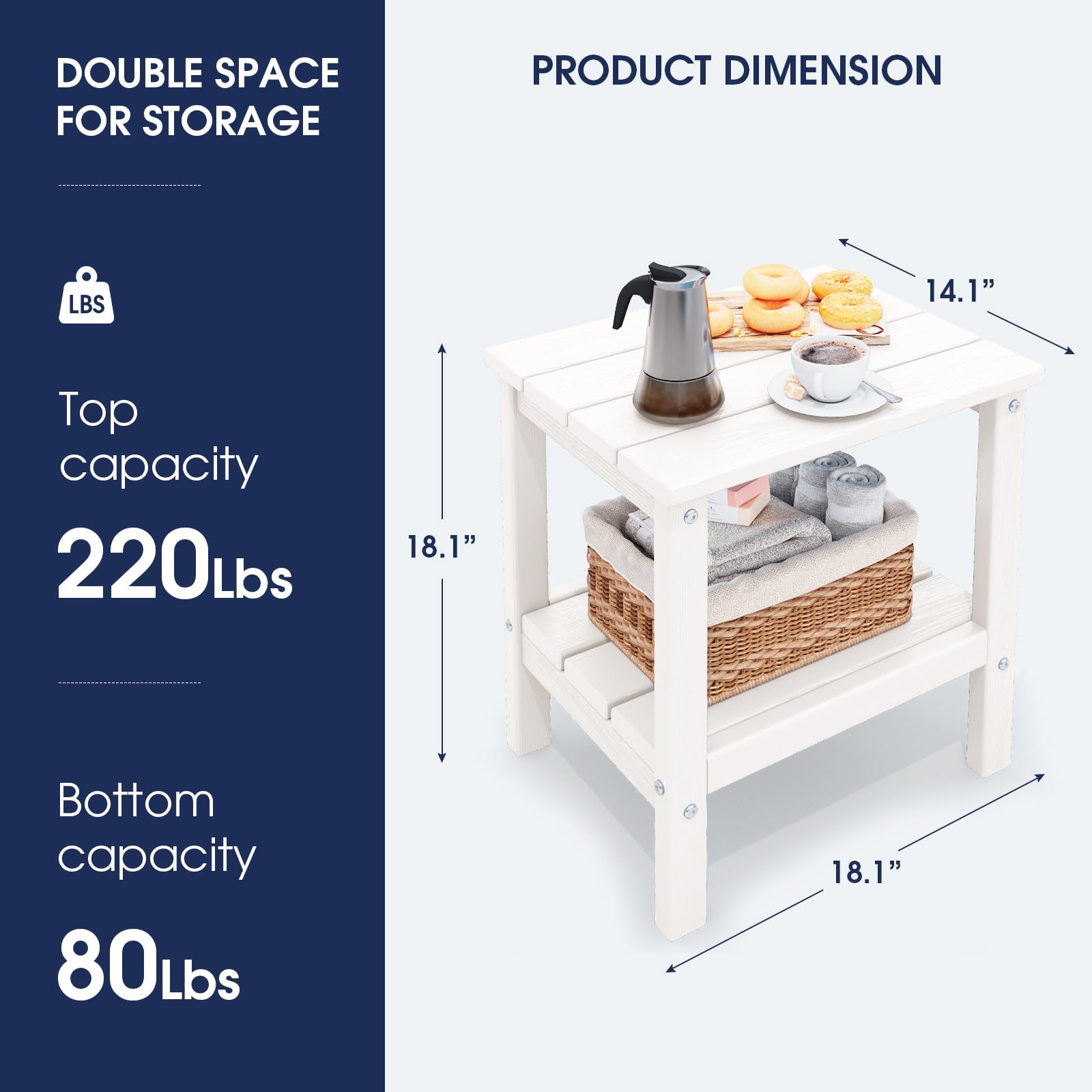 KINGYES 2-Piece Outdoor Side Table Set - White Double Layer Adirondack End Tables for Patio, Deck, Poolside & Garden Furniture