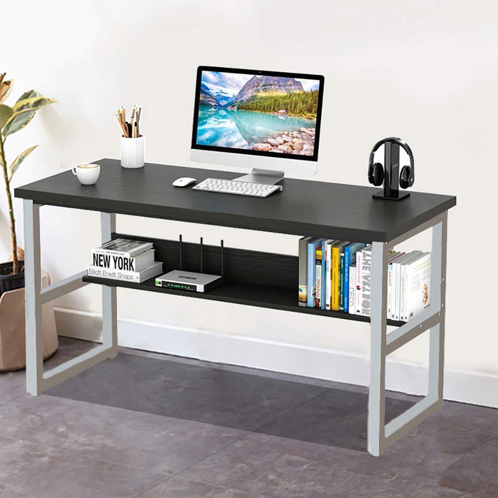 43 Inch Wooden Computer Desk with Bookshelf & Storage Shelves - Modern Office Writing Desk, Laptop Study Table Workstation with Metal Frame - Home Office Furniture for Small Spaces (Black) | Perfect for Remote Work, Gaming & Study Rooms