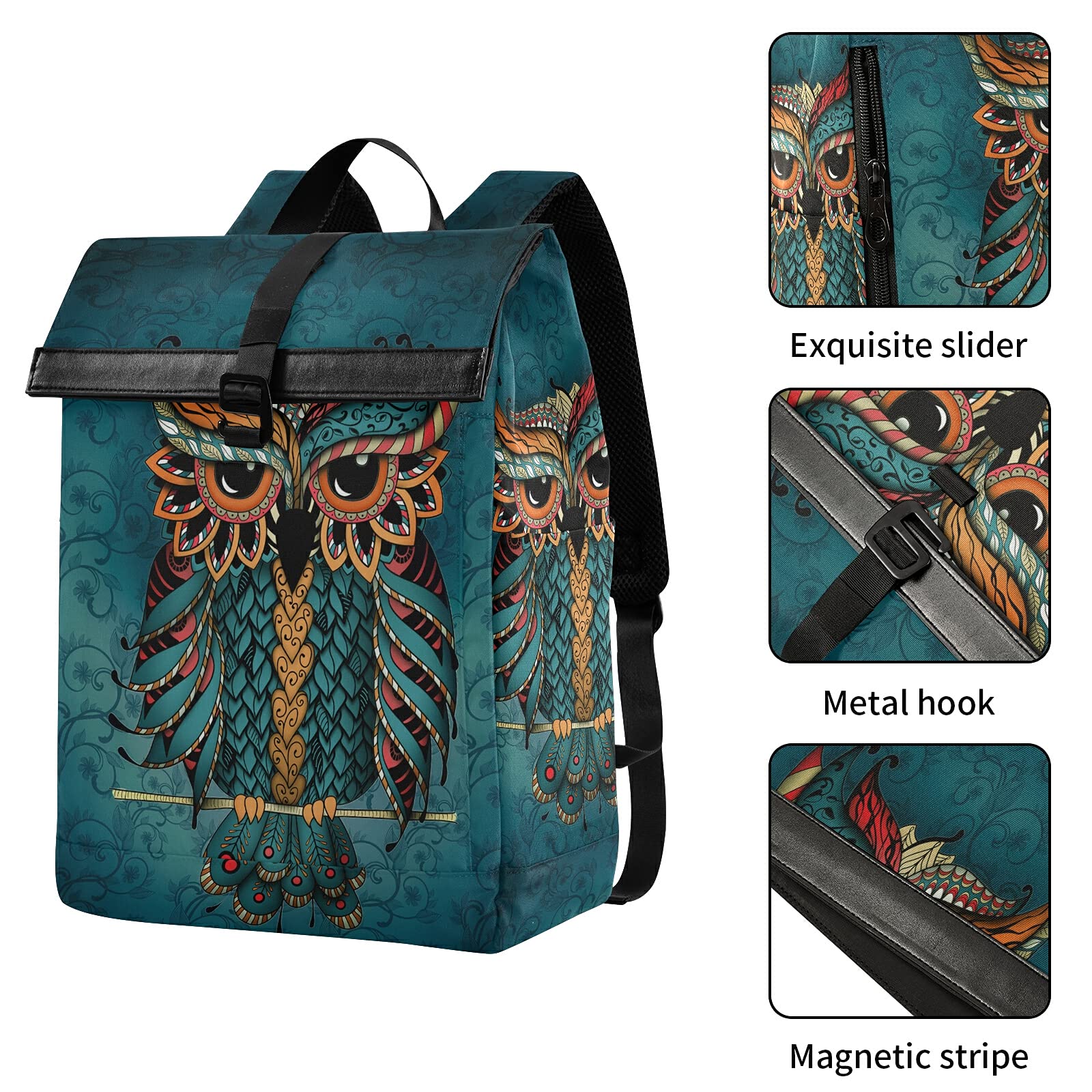 ALAZA Green Owl Print Patrick Boho Ethnic Large Waterproof Anti-Theft Roll Top Laptop Backpack for Women & Men - Fits 13-17.3 Inch Laptops - Perfect for Travel, Work & College