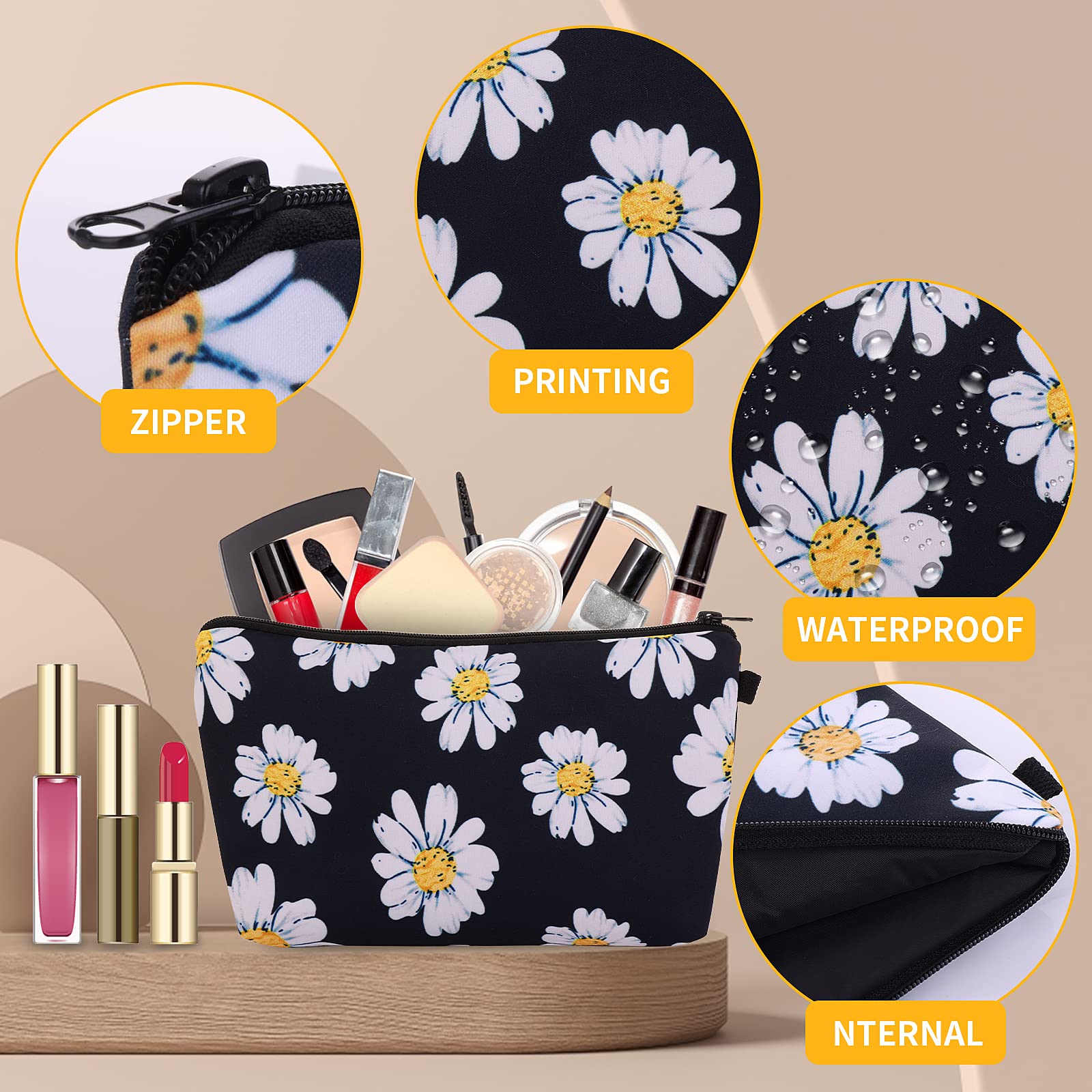 Sibba Canvas Cosmetic Bag - Small Travel Makeup Pouch Organizer for Women | Waterproof Toiletry Storage Case | Perfect for Beauty Essentials, Travel Accessories & Daily Use (Black Sunflower Design)