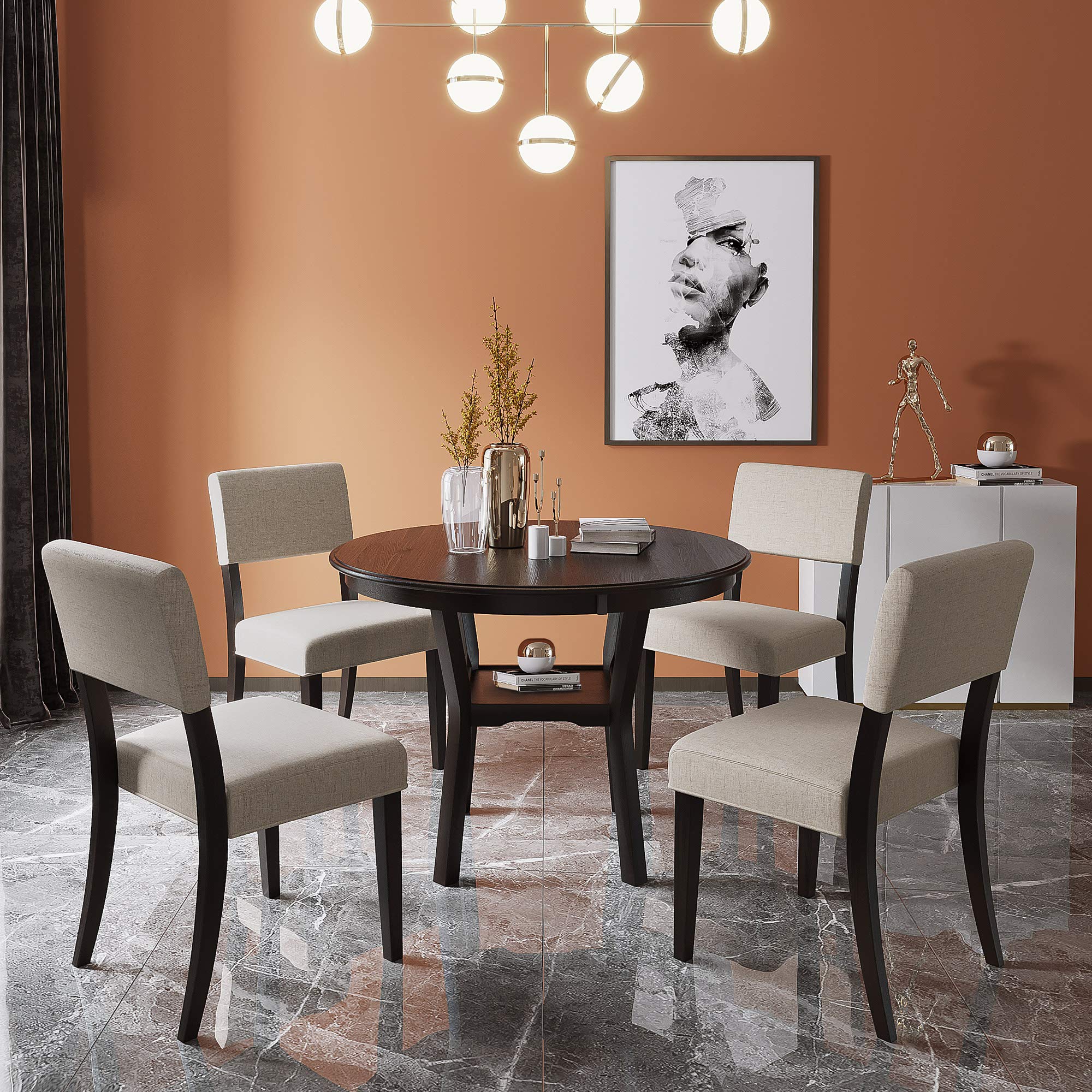 **Merax 5-Piece Farmhouse Dining Table Set with 4 Upholstered Chairs & Storage Shelf - Espresso Finish for Kitchen, Dining Room, Small Spaces | Perfect for Family Meals & Entertaining Guests**