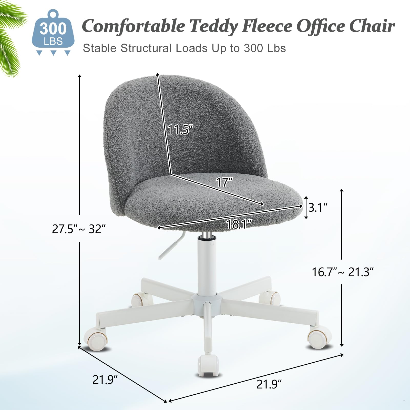 VINGLI Armless Cute Teddy Bear Desk Chair with Wheels - Adjustable Swivel Office Chair with Lumbar Support, Comfortable Small Computer Task Chair for Home Office, Bedroom & Vanity (Muted Grey) - Perfect for Work, Study & Gaming Sessions