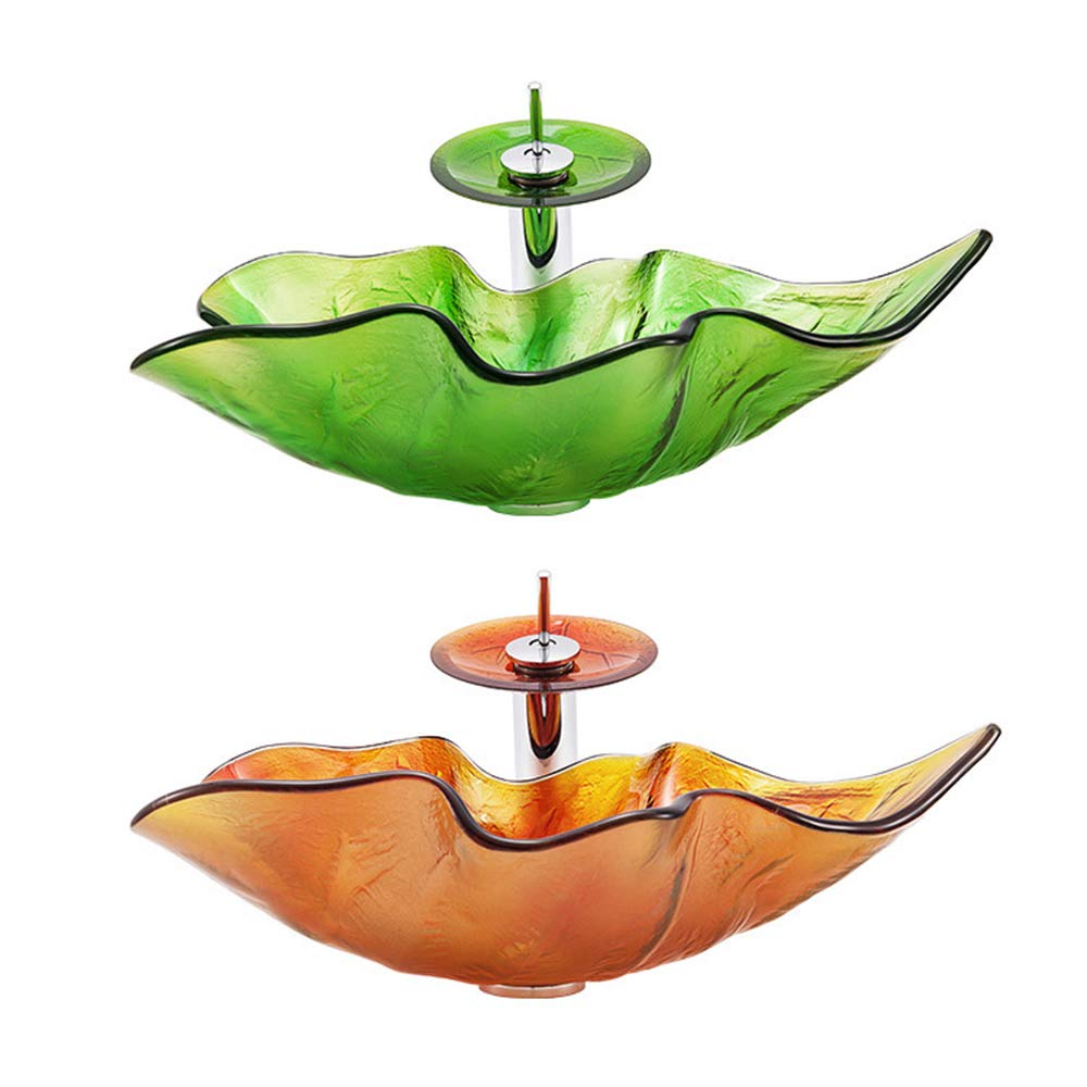 Modern Maple Leaf Shaped Tempered Glass Bathroom Vessel Sink with Waterfall Faucet - Countertop Installation, Artistic Vanity Sink with Pop-Up Drain (Orange) - Perfect for Contemporary Bathrooms, Spa Retreats & Luxury Home Decor