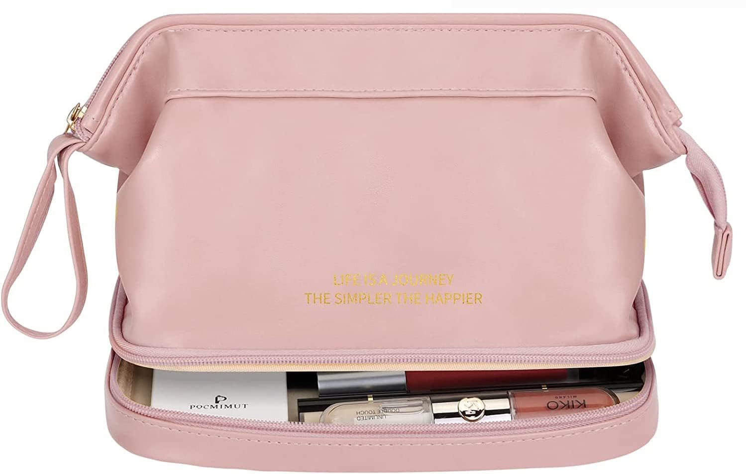 Gnanex Double Layer Makeup Bag - Large Waterproof Leather Travel Cosmetic Organizer with Zipper Pouch, Portable Toiletry Bag for Women & Girls (Pink) - Perfect for Travel, Gym, and Daily Essentials Storage