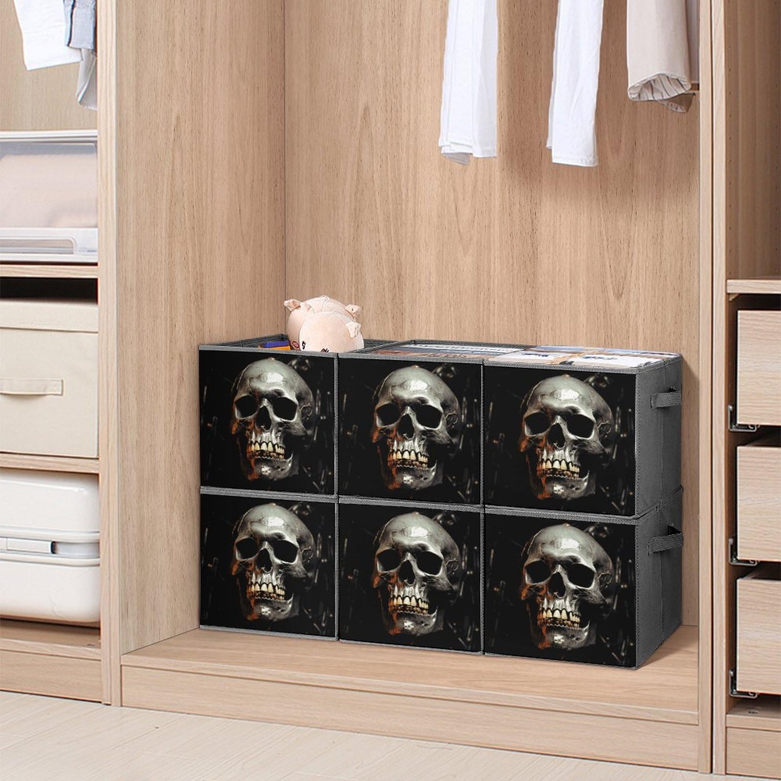 6PCS Collapsible Storage Bins with Handles - Skull Printed Multi-Purpose Organizer Boxes for Home, Office & Halloween Decor | Space-Saving Storage for Shelves, Closet & Party Supplies