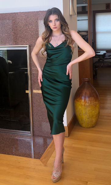 Aspen Midi Dress - Emerald Green Satin Slip Dress for Women | Perfect for Cocktail Parties, Date Nights & Special Occasions