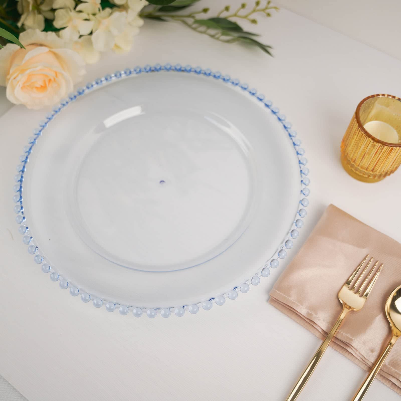Efavormart 6 Pack 12 Inch Clear Blue Acrylic Round Charger Plates with Beaded Rim - Elegant Dinner Plates for Weddings, Parties & Formal Dining Events