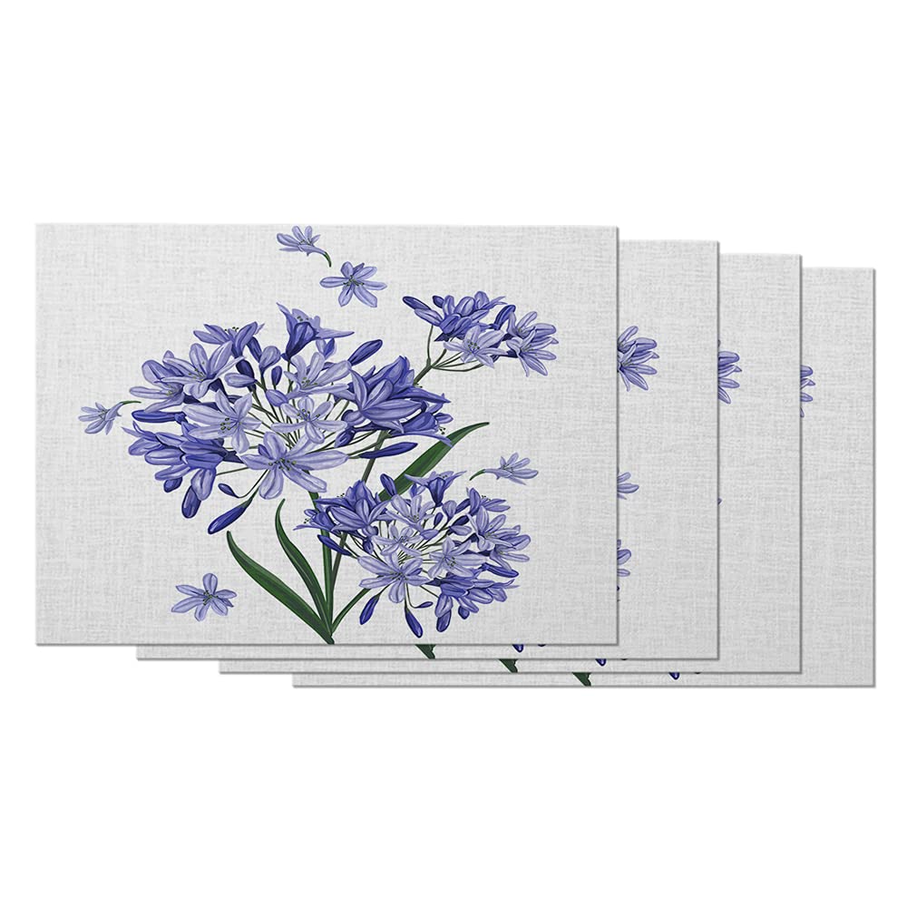 Blue Agapanthus Flower Placemats Set of 4 - 12x18 Inch Cotton Linen Table Mats for Dining Room Decor | Elegant Wild Purple Bouquet Design | Perfect for Spring Tablescapes, Dinner Parties & Home Styling