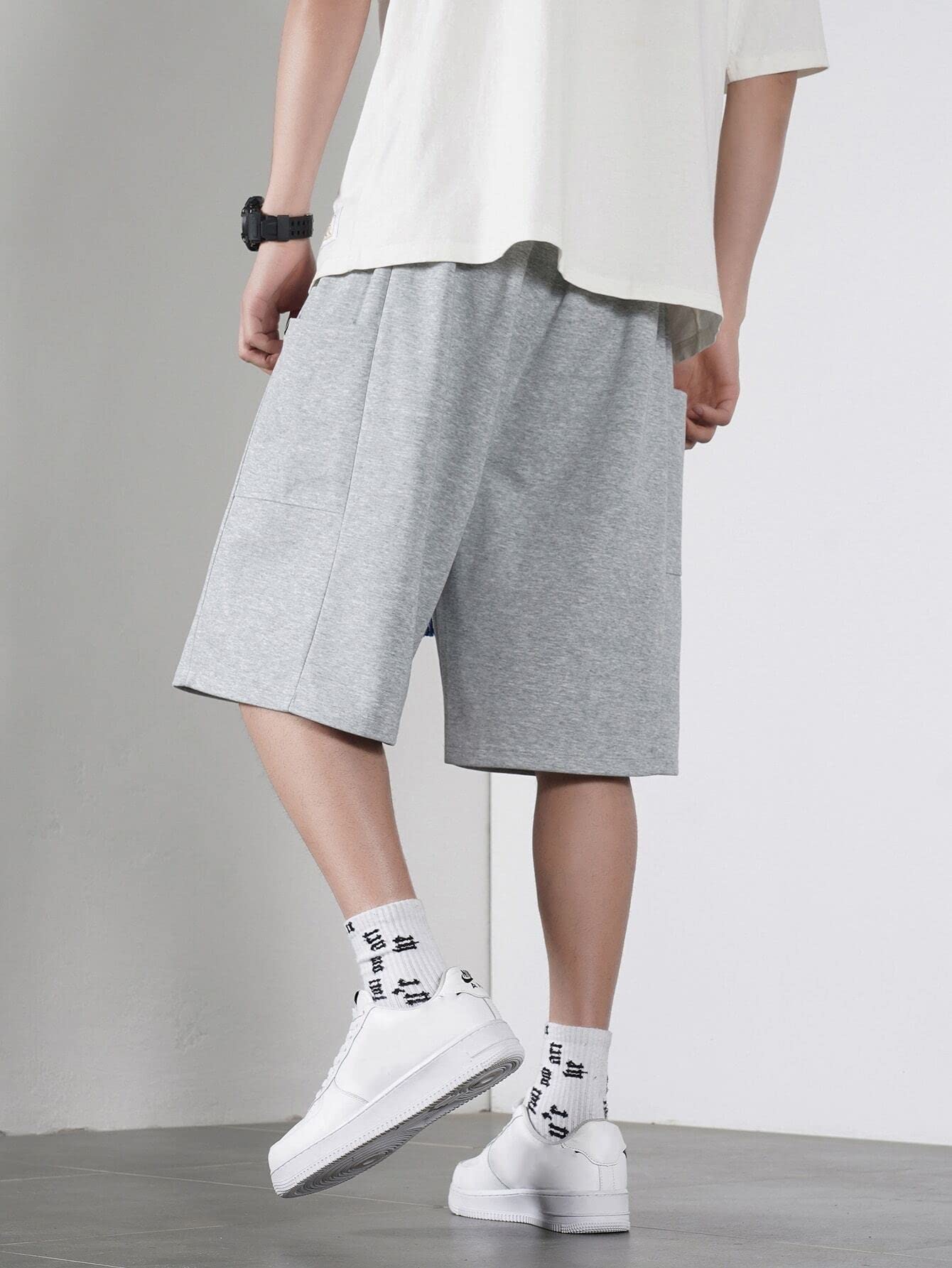 **HDZWW Men's Casual Letter Patched Drawstring Waist Shorts - Light Grey XXXL | Summer Beach Shorts for Outdoor Activities, Travel & Lounge**