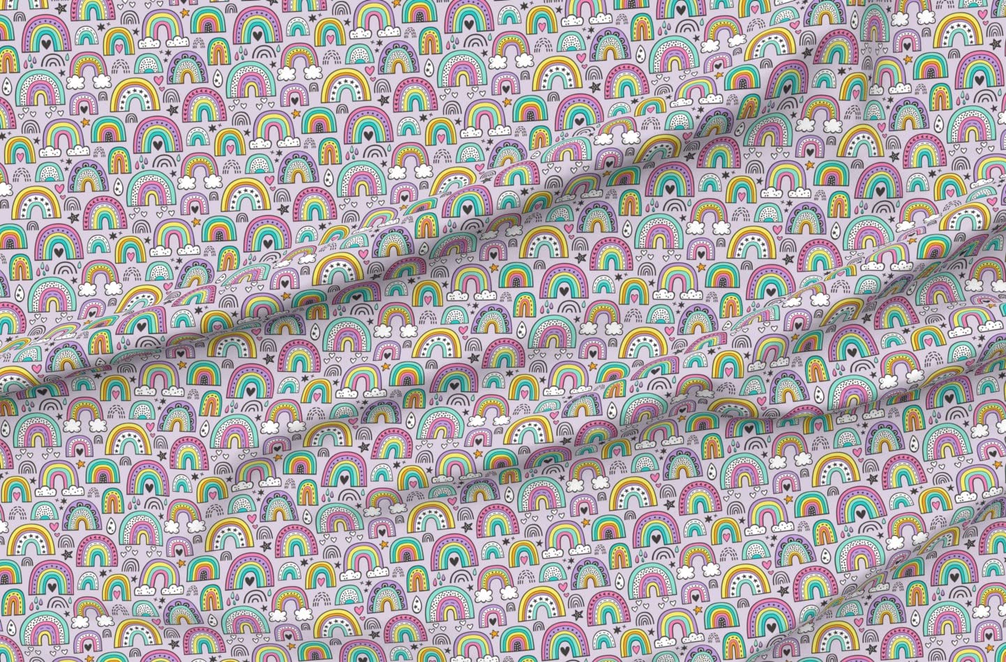Rainbow Hearts Stars Summer Love Doodle Light Purple Rainbows Printed Denim Fabric by The Yard - Bottomweight Cotton Fabric for Apparel, Home Decor & Upholstery - Perfect for DIY Clothing, Curtains, Pillows and Craft Projects