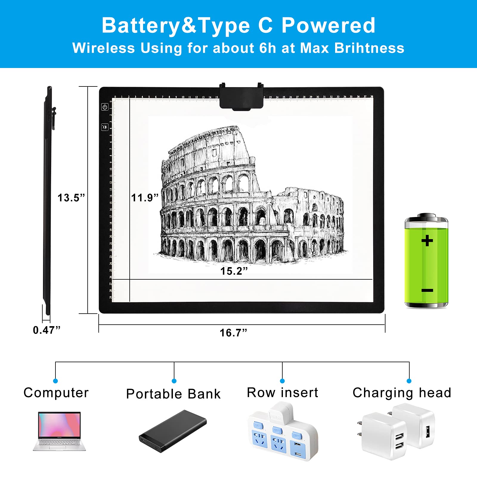 TOHETO A3 LED Light Pad - Wireless Rechargeable Tracing Light Box with Stand, 3 Color Modes & 6 Brightness Levels, Portable with Carry Bag & Magnetic Clip - Perfect for Diamond Painting, Vinyl Weeding, Calligraphy & Craft Projects