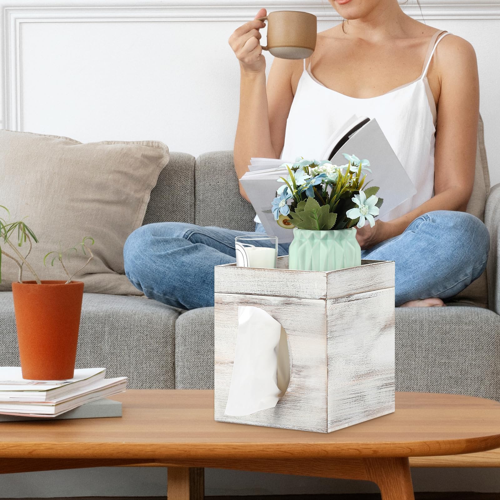White Washed Solid Tissue Box Cover with Storage Tray - 6