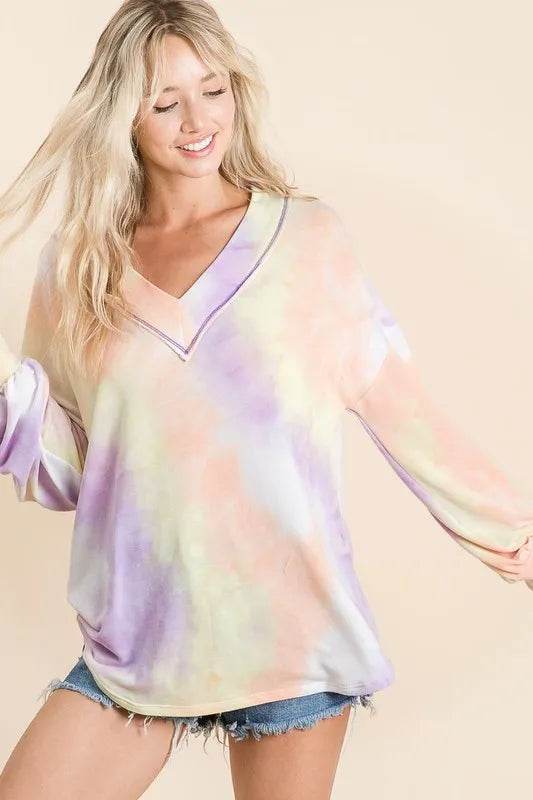 BiBi Tie Dye French Terry V-Neck Top with Puff Sleeves | Women's Casual Loose Fit T-Shirt | Perfect for Yoga, Beach & Summer Outfits