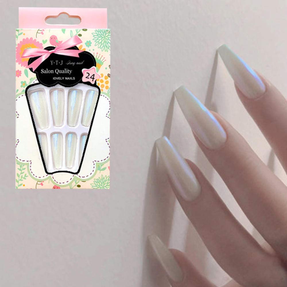 24pcs HUJL False Nails - Shiny White Super Long Ballerina Coffin Fake Nails with Aurora Neon Effect | Nail Extension Tools for Parties, Weddings & Special Occasions