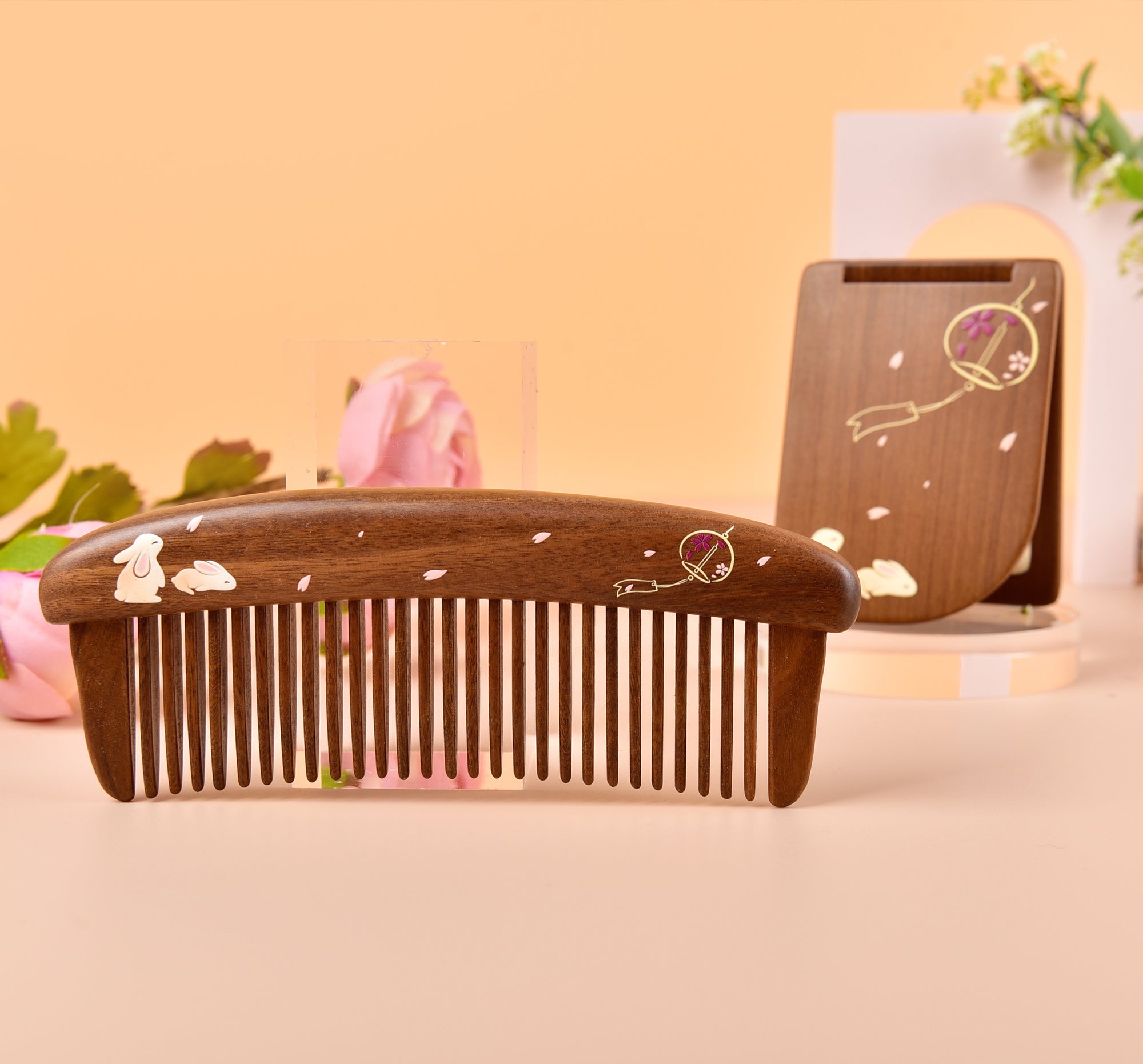 Bunny Wood Comb & Mirror Set - Natural Wooden Hair Comb and Hand Mirror Gift Set for Women - Perfect for Travel, Home, and Salon Use