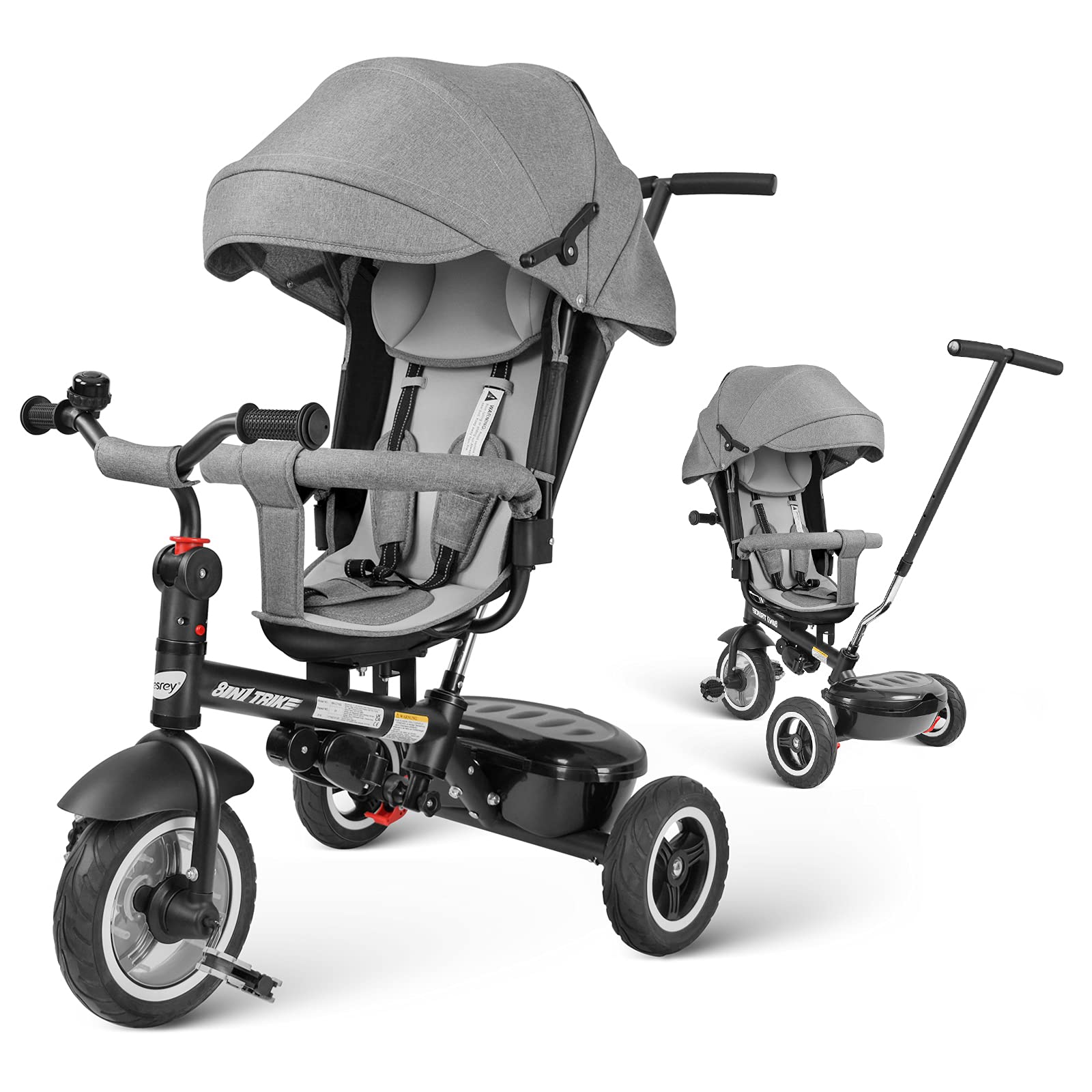 Besrey 8-in-1 Baby Tricycle for Toddlers Ages 1-6 | Adjustable Push Handle Trike with All-Terrain Rubber Wheels & Reversible Seat | Outdoor Riding Toy for Boys & Girls (Gray) - Perfect for Park Rides, Backyard Play & Learning Balance