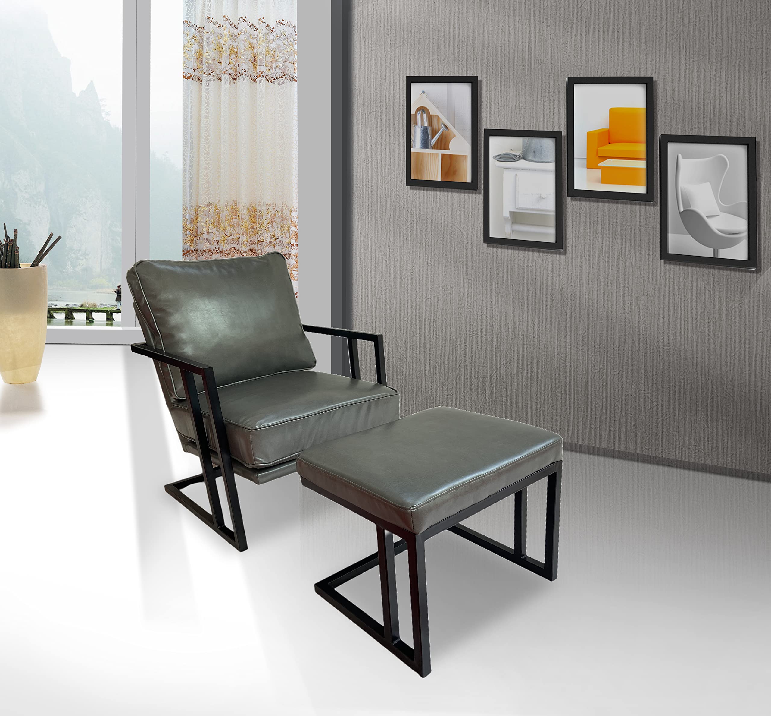 Modern PU Leather Accent Chair with Stool - Extra-Thick Padded Lounge Armchair with Sturdy Steel Frame - 105° Reclining Back Grey Living Room Bedroom Sofa Chair - Perfect for Reading Nooks, Home Offices & Cozy Relaxation Spaces