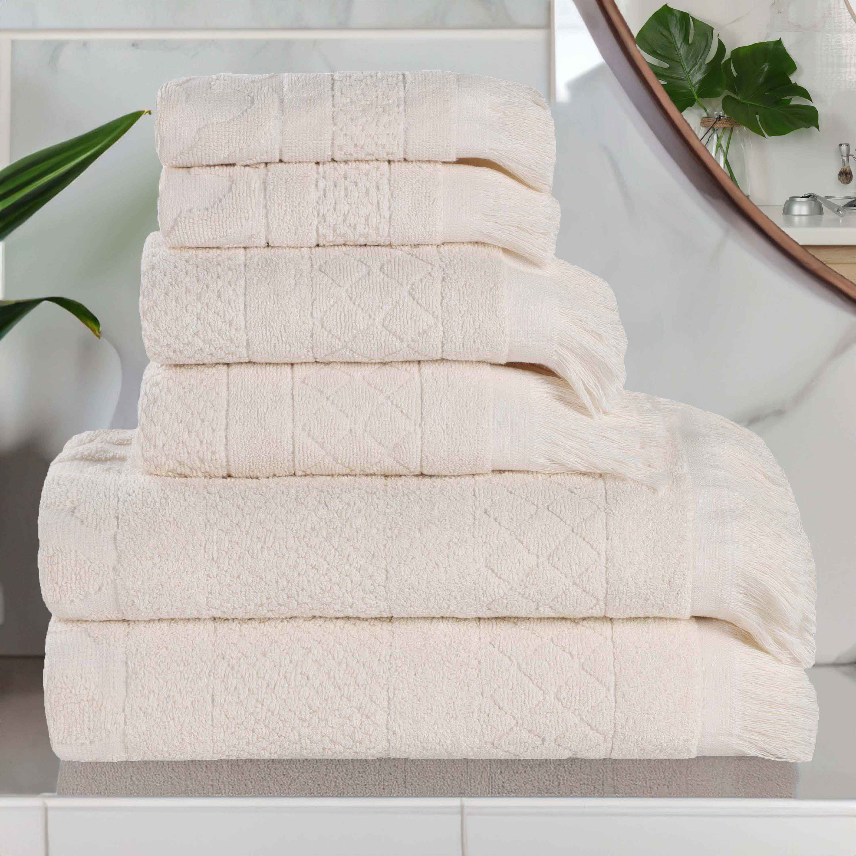 Rolla Cotton Geometric Jacquard Plush Soft Absorbent 6-Piece Bath Towel Set - Luxury Spa & Bathroom Essentials for Home, Hotel, and Gym Use