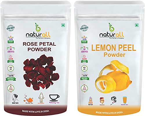 B Naturall Organic Lemon Peel Powder & Rose Petal Powder Combo Pack - 2 x 100g (Total 200g) Natural Skin Care for Brightening, Exfoliation & Glowing Skin | DIY Face Masks, Body Scrubs & Aromatherapy