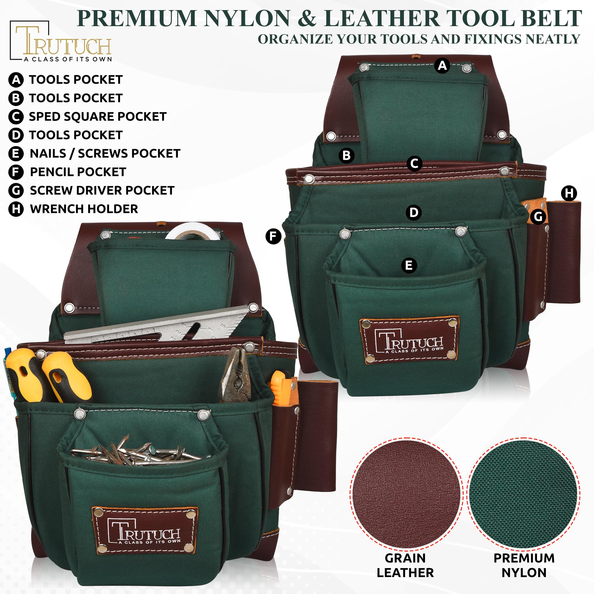 Durable Nylon & Leather Tool Belt for Carpenters, Construction Workers, Electricians - Heavy Duty Framing Tool Bag with Multiple Pockets (Green) - Perfect for Job Sites, DIY Projects & Home Renovations