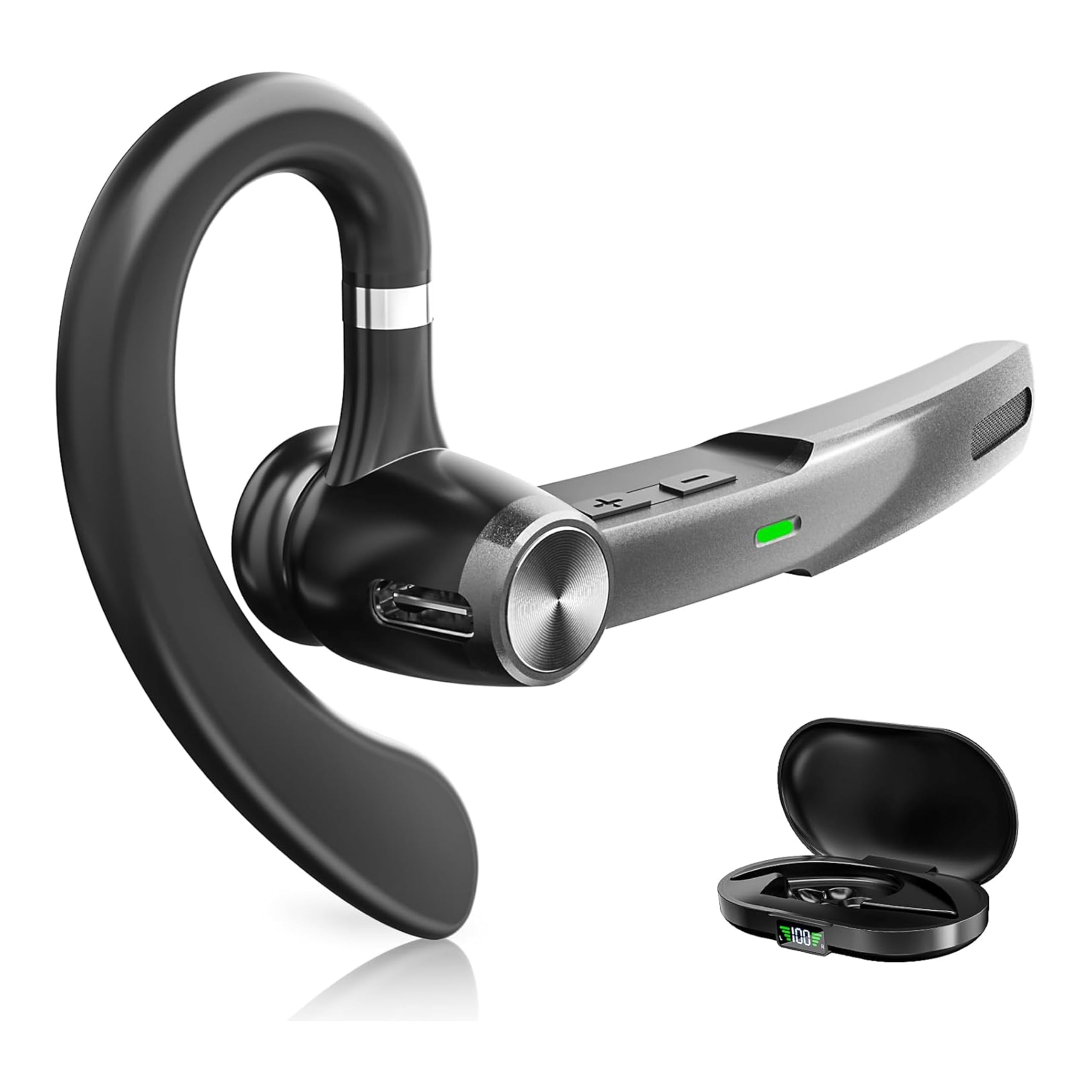 Wireless Bluetooth Headset with Noise Cancelling Microphone - Trucker Headset V5.3 for Business, Computer, Laptop & Cell Phone - Includes Charging Case - Ideal for Remote Work, Call Centers & Driving