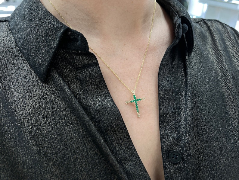 0.95tcw Zambian Emerald Bluish Green Cross Pendant in 18K Gold - Perfect for Religious Gifts, Baptism, First Communion & Spiritual Jewelry Collection