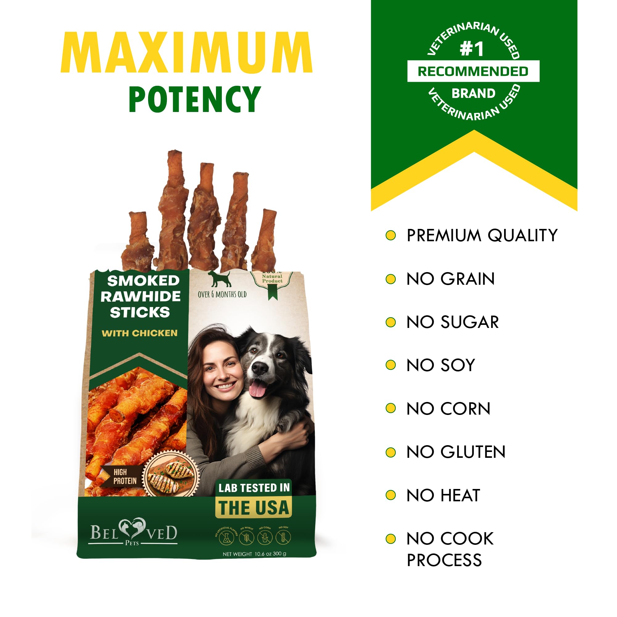 Premium Grain-Free Dog Chews - Organic Smoked Rawhide Sticks Wrapped with Chicken | Natural, Human-Grade Pet Treats for Small & Large Dogs | USA-Made Training Rewards & Dental Health Snacks | Perfect for Chewing, Teething & Positive Reinforcement Training