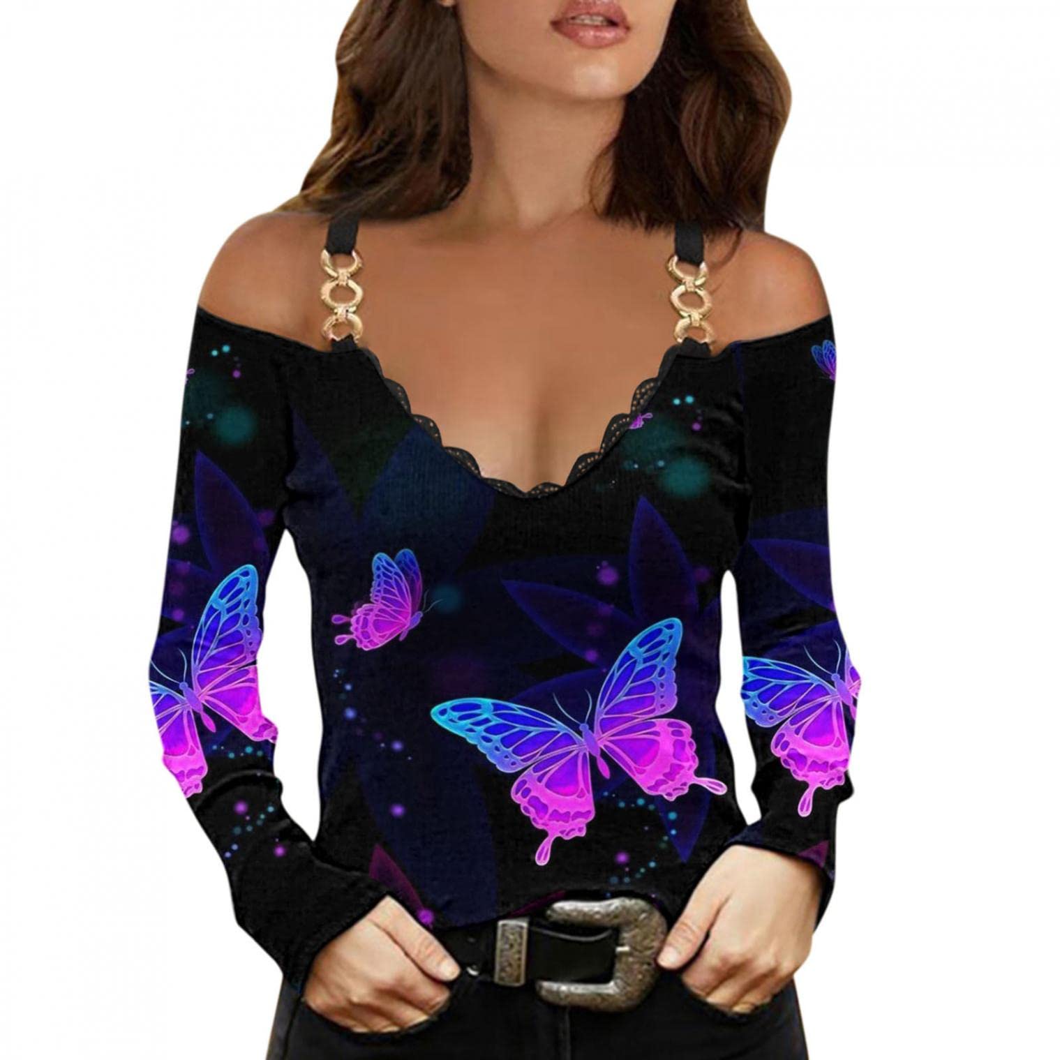 Trendy Women's Long Sleeve V-Neck Printed Lace Blouse - Sexy Cold Shoulder Top for Casual Wear, Date Night & Office Outfits