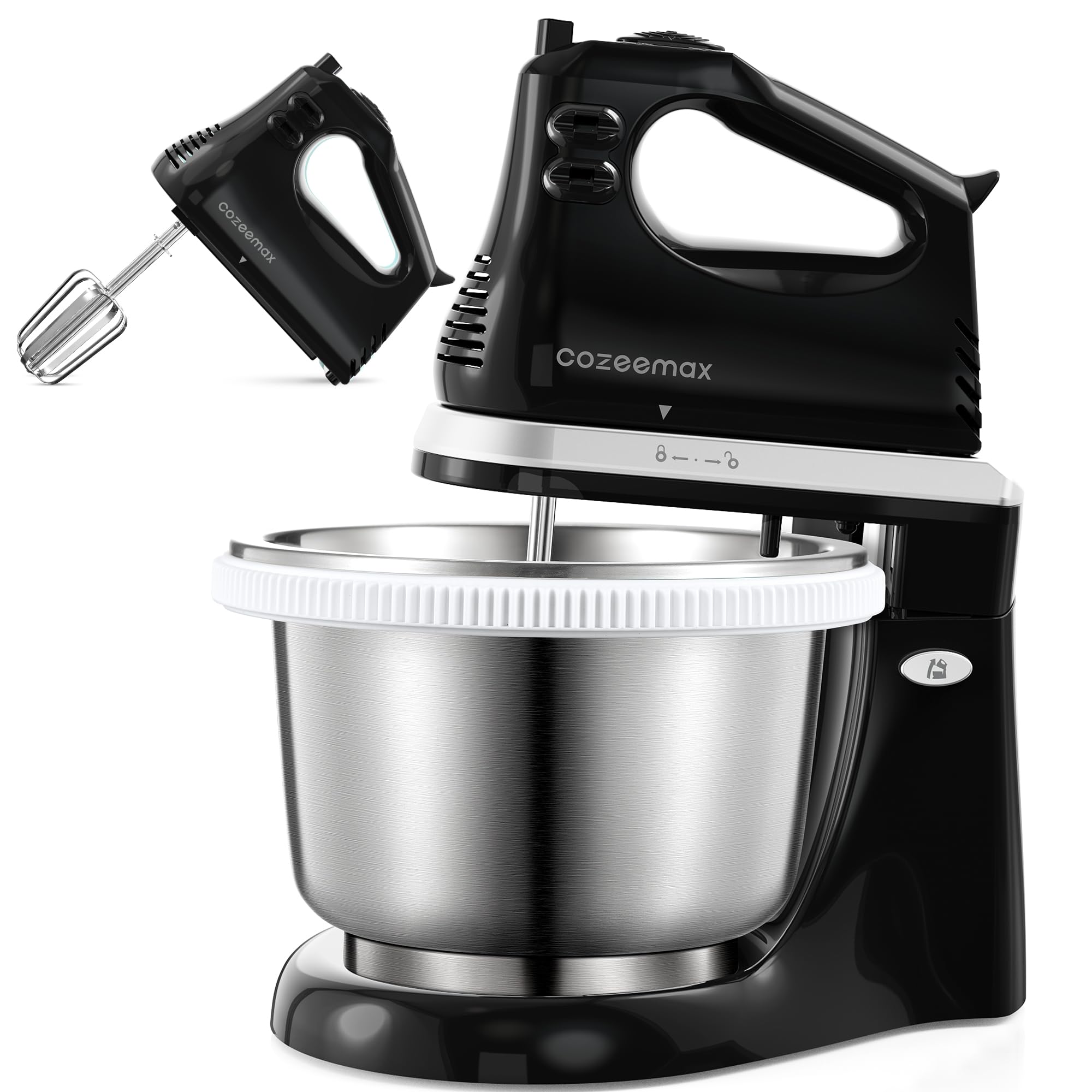 2 in 1 Electric Hand Mixer & Stand Mixer with 3 Quart Bowl - Powerful Kitchen Mixer with Dough Hooks & Beaters for Baking, Frosting, Meringues - Perfect for Cakes, Cookies & Everyday Cooking (Black)