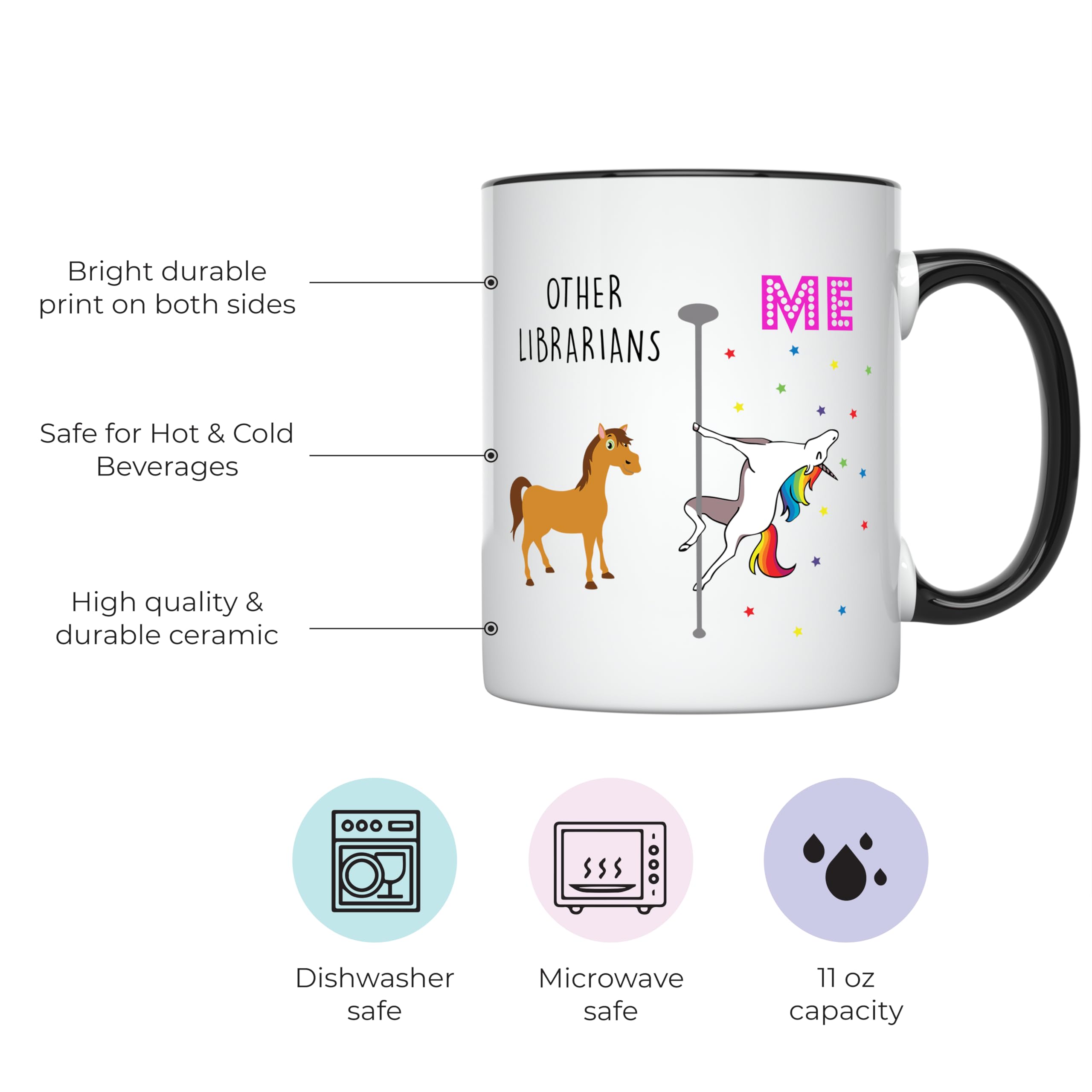 YouNique Designs 11oz Librarian Coffee Mug - Unicorn Themed Library Gift for Teachers & Retirees - Perfect for Reading Nooks & Office Use (Black Handle)
