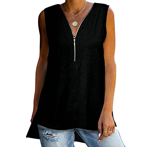 Women's Casual Summer Sleeveless Zipper Tank Top - Solid Color Maternity Tunic Shirt (Black, XL) | Perfect for Pregnancy, Beach Wear & Summer Outfits
