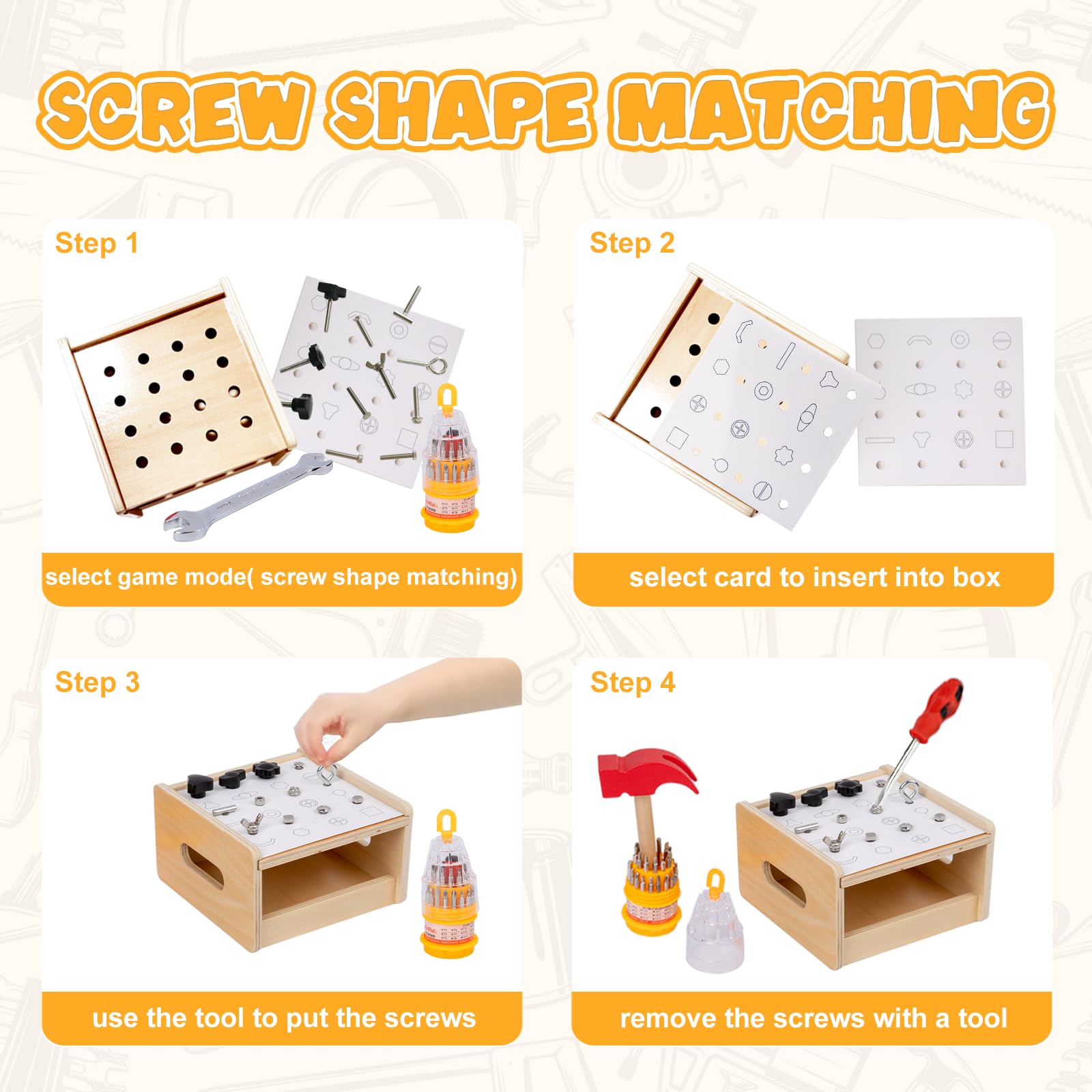 Adena Montessori 2-in-1 Wooden Tool Set for Kids Ages 3-5 - Screwdriver Board & Hammer Peg Toy Game - STEM Learning Toys for Preschoolers - Perfect for Montessori Classroom & Home Playtime