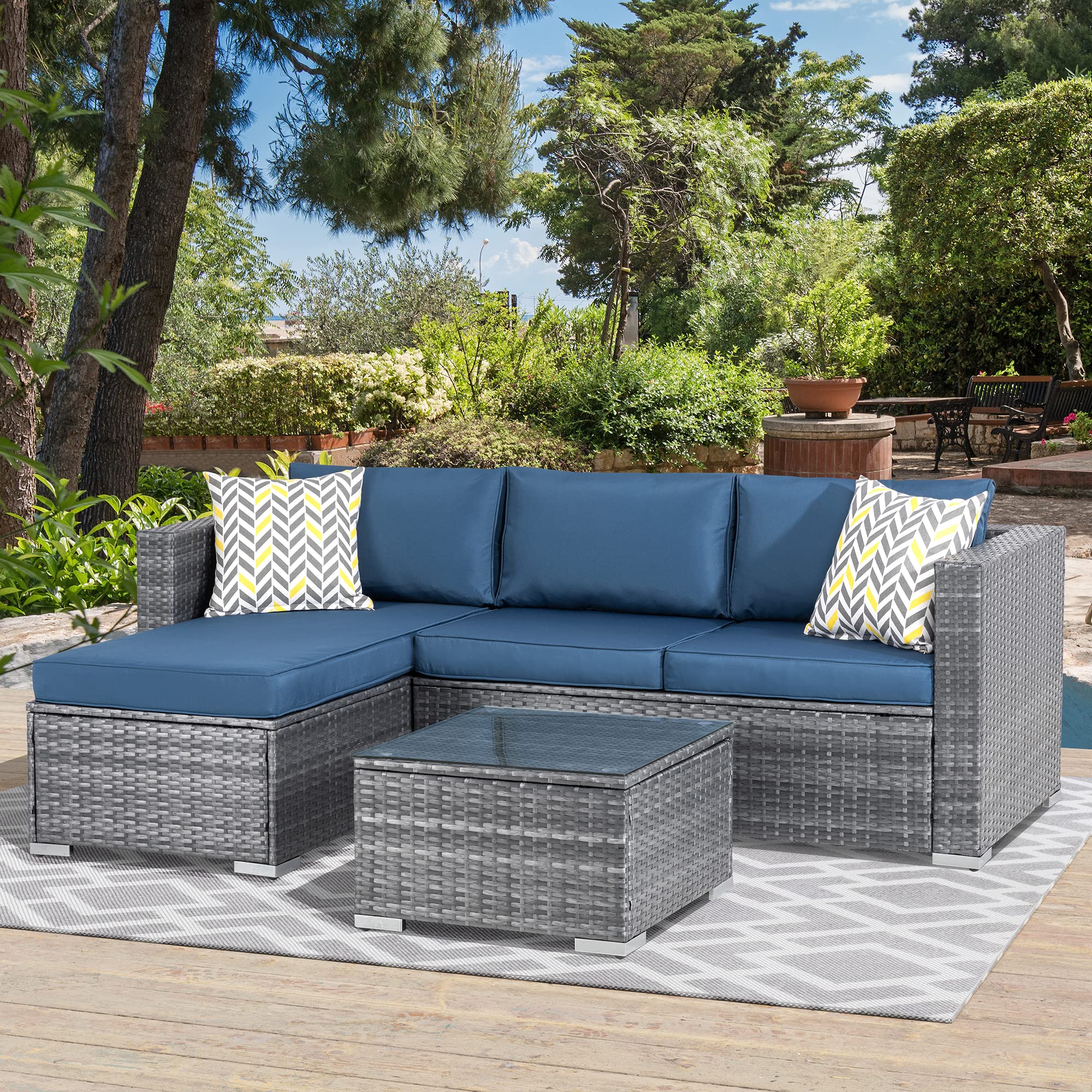 Walsunny 3-Piece All-Weather Wicker Outdoor Patio Furniture Set - Aegean Blue Sectional Sofa with Coffee Table & Cushions for Backyard, Garden, Poolside or Deck Relaxation