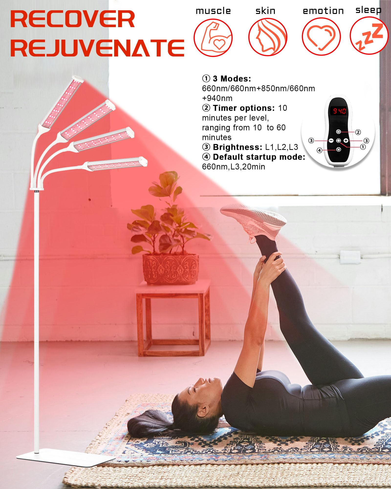 Red Light Therapy Lamp with 660nm, 850nm & 940nm Infrared Light - Adjustable Stand & Timer for Pain Relief & Skin Rejuvenation - 4 LED Heads for Full Body Treatment - Perfect for Home Spa, Muscle Recovery & Anti-Aging Care