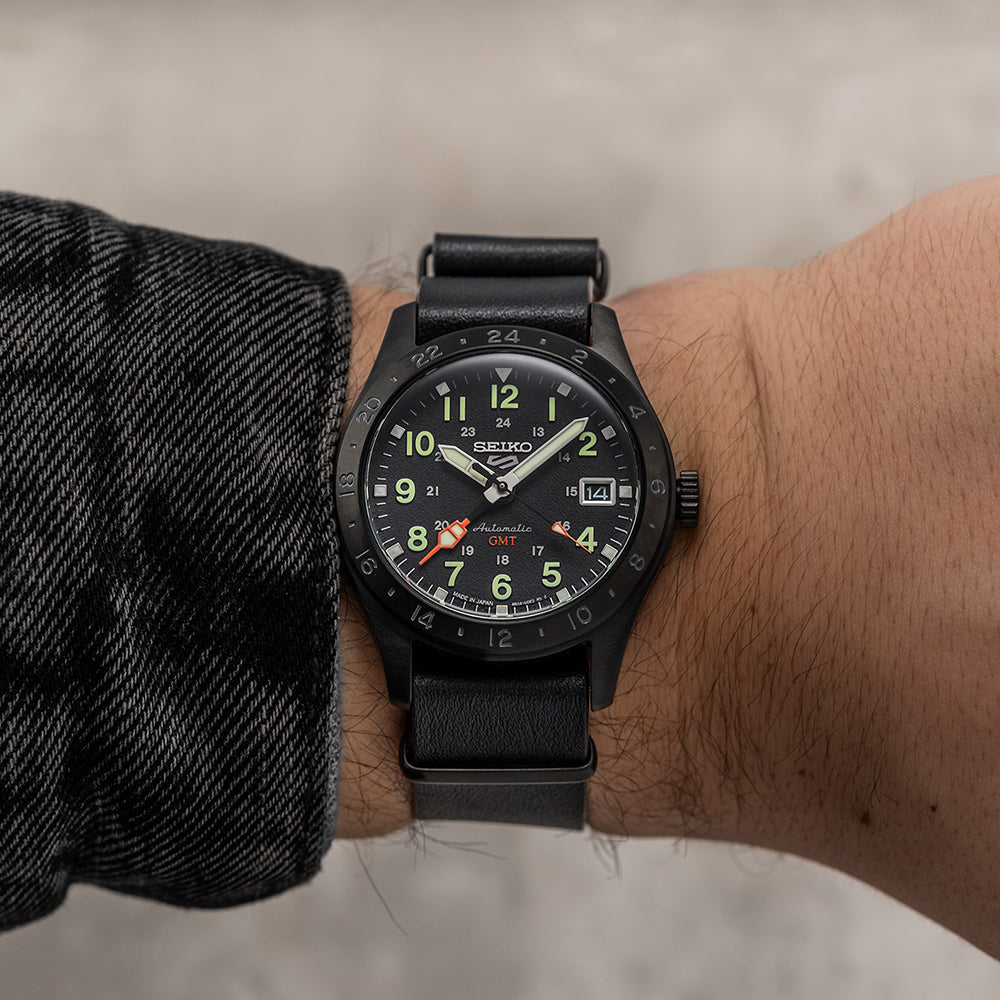SSK025 5 Sports Field GMT 39.4mm Men's Watch - Black Dial with Genuine Leather Strap - Waterproof Automatic Watch for Travel, Business & Outdoor Activities