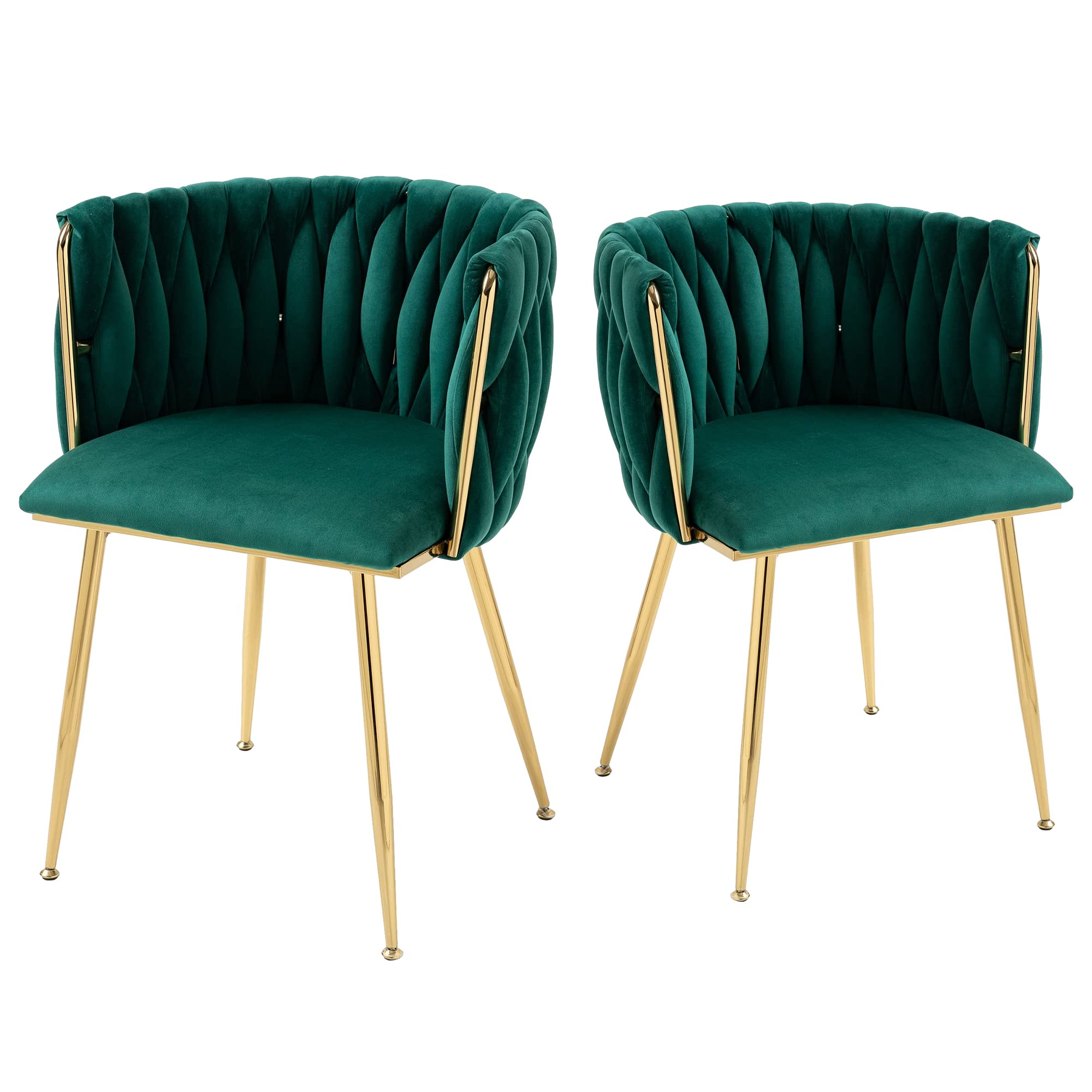 Modern Velvet Dining Chairs Set of 2 - Mid Back Support Living Room Chairs with Gold Frame & Woven Trim - Emerald Green Upholstered Club Chairs for Dining Room, Kitchen, Dressing Table | Perfect for Home Decor, Entertaining Guests & Cozy Reading Nook