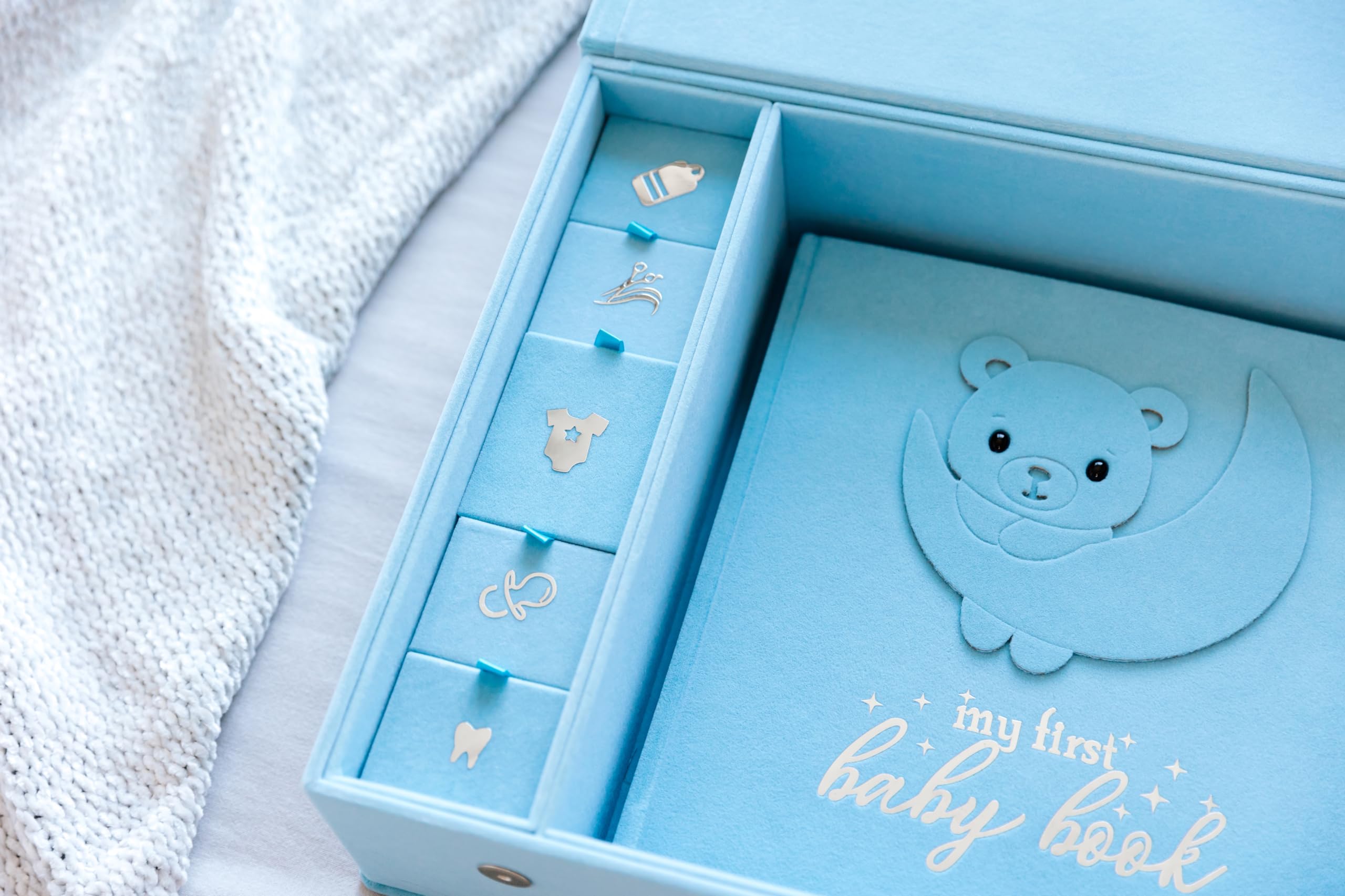 Handmade Baby Memory Book & Scrapbook Photo Album with Keepsake Box - Newborn First Year Journal with Hand & Footprint Kit - Perfect for Baby Shower Gifts & 0-12 Month Milestones (Teddy Bear Boy, Blue)