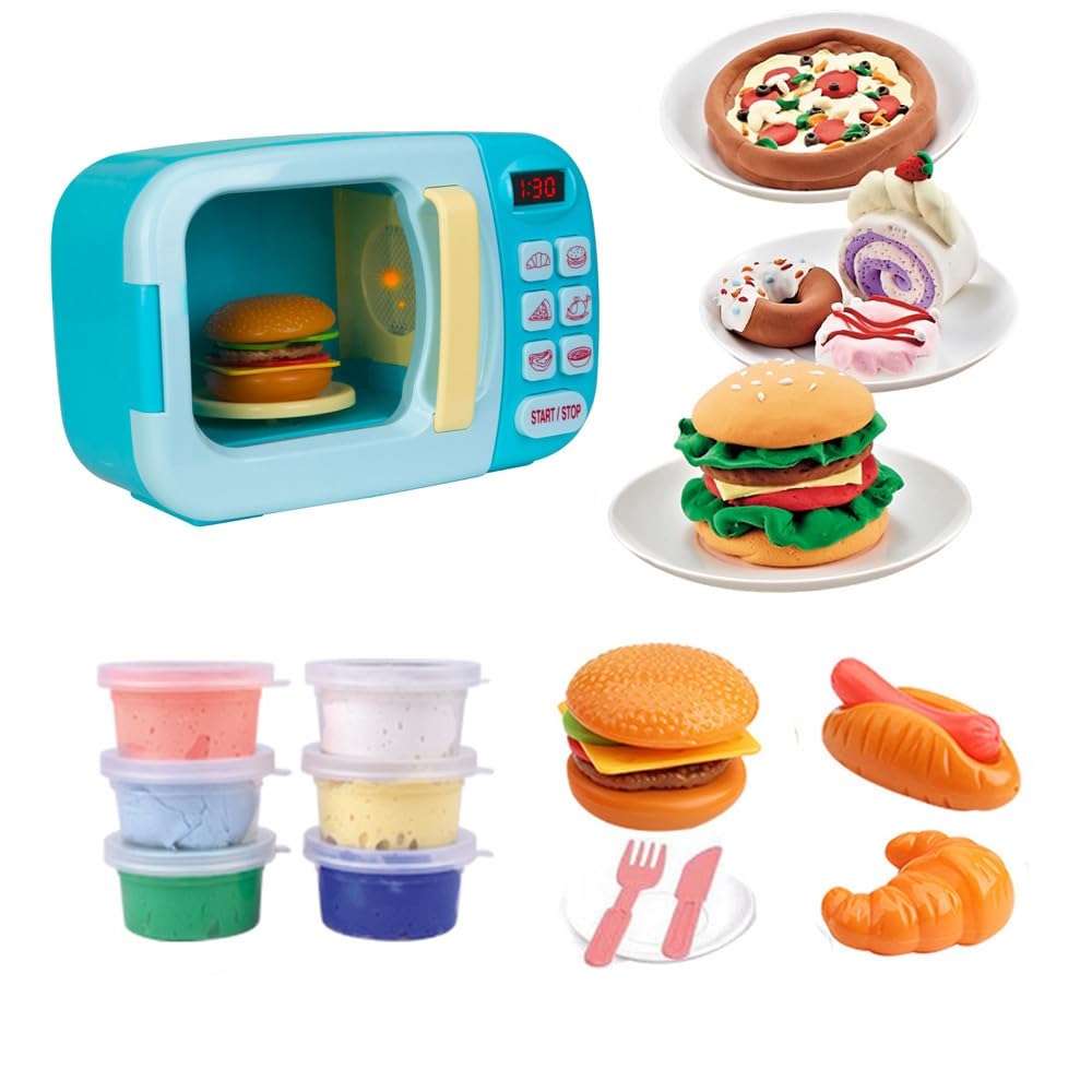Best Kids Microwave Toy Kitchen Playset with Light & Sound - Pretend Play Electronic Oven with Play Food & 6 Color DIY Play-Doh for Toddlers Ages 3+ (Blue) | Fun Learning Toy for Preschoolers & Role Play Games