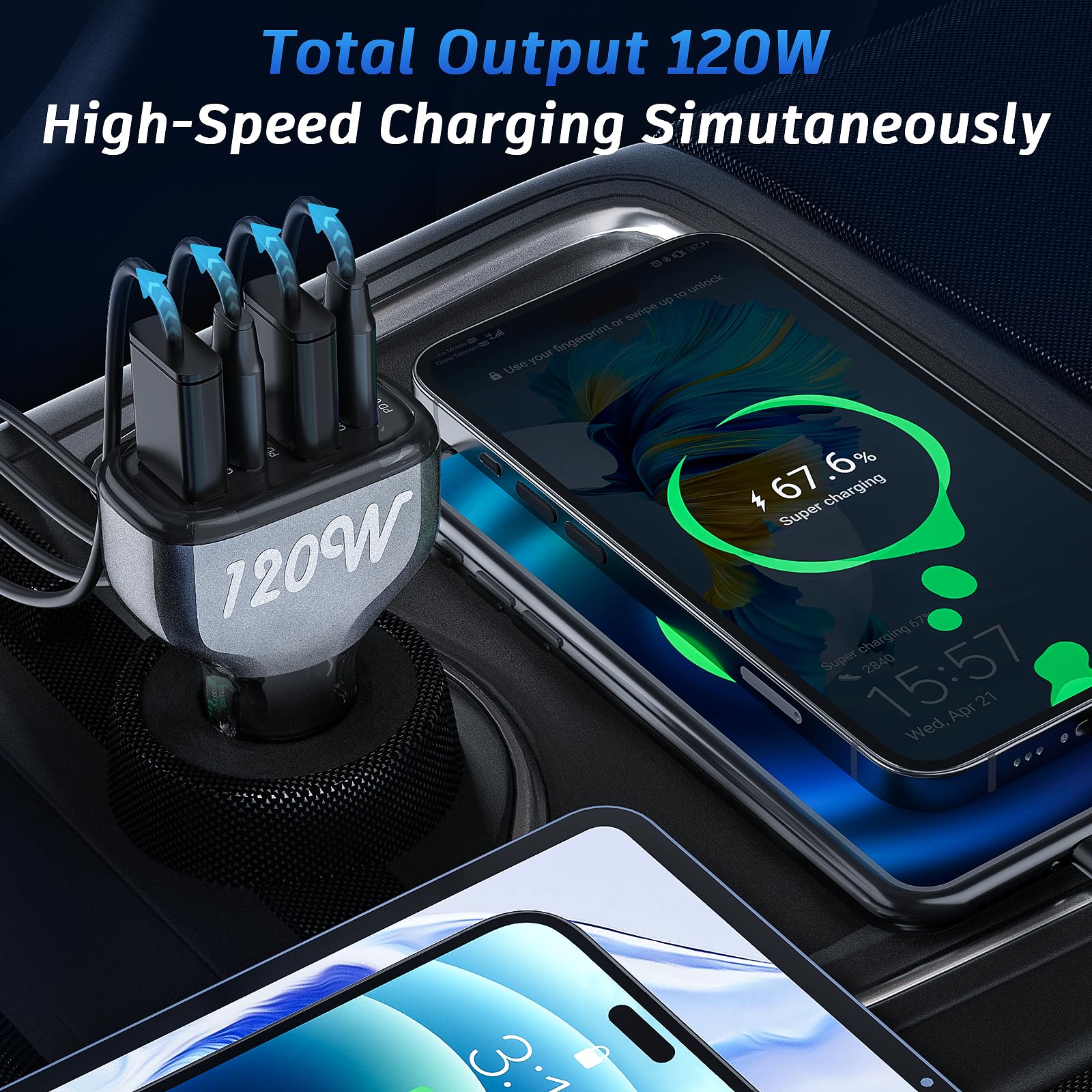 120W USB C Car Charger Fast Charging - SONRU 4 Port Cigarette Lighter Adapter with [2 PD 60W + 2 QC3.0 30W] for iPhone 16 Pro Max, Galaxy S23/S22, Google Pixel, LG, iPad Air - Perfect for Road Trips & Long Drives