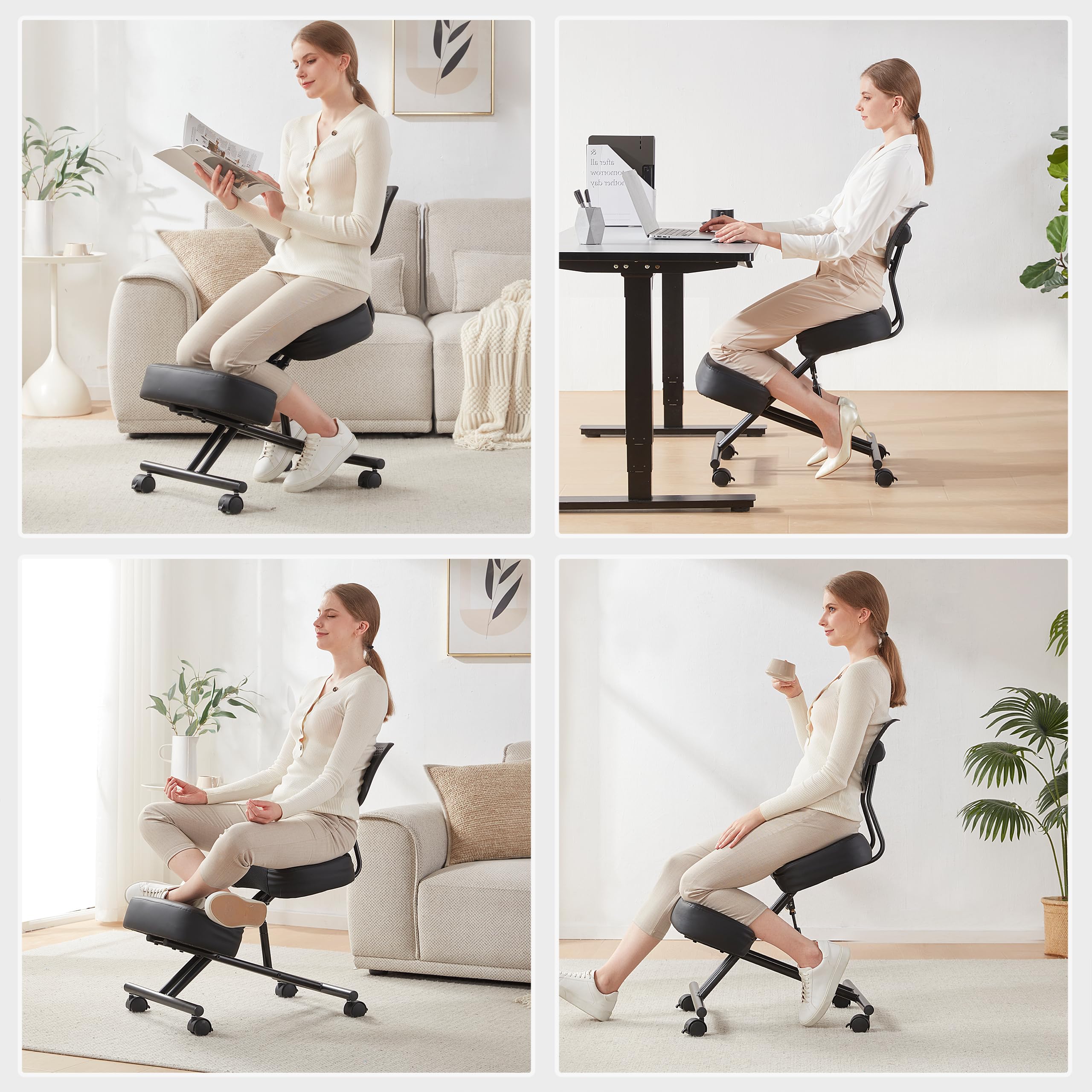 Ergonomic Kneeling Chair with Back Support - Adjustable Posture Stool for Office & Home Use, Black Linen Fabric with Brake & Gliding Casters - Relieves Back Pain, Improves Posture | Perfect for Home Office, Meditation & Reading Nook