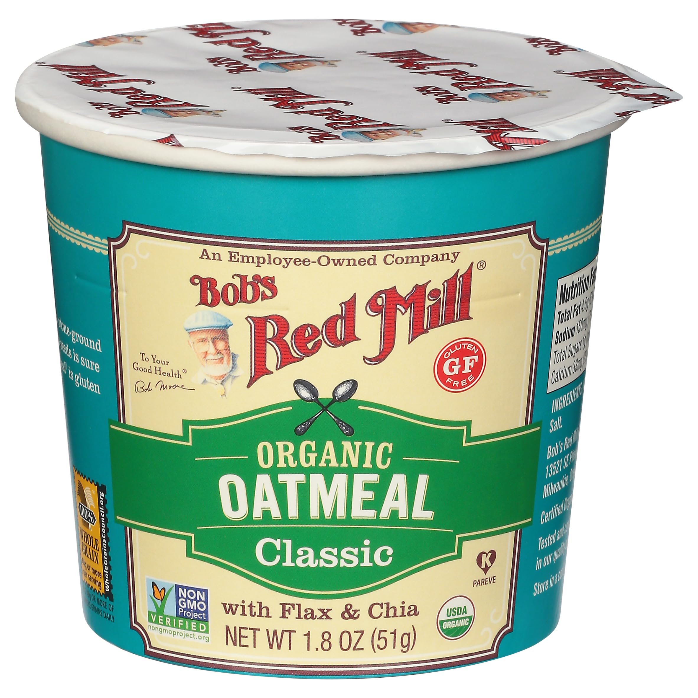 Organic Gluten Free Oatmeal Cup with Flax & Chia Seeds - Bob's Red Mill Classic 1.8oz (Pack of 1) | Non-GMO, Whole Grain, Kosher Certified | Quick Breakfast, Healthy Snack & On-the-Go Meal