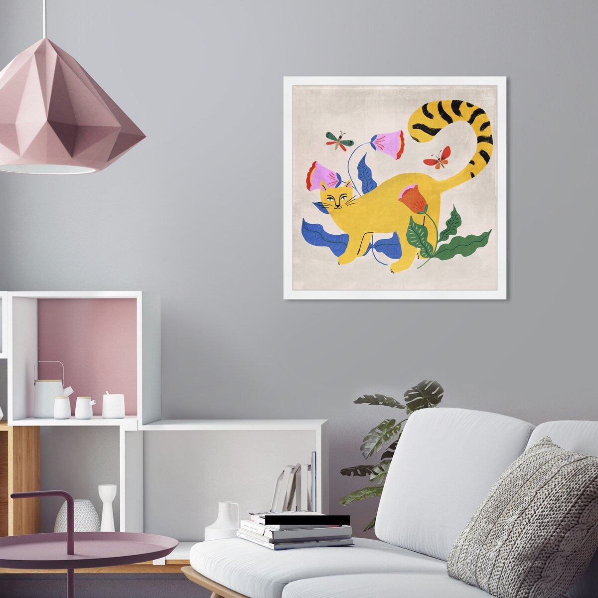 Blonde Tabby Floral Kitten Butterfly Garden Modern Yellow Framed Wall Art Print - Perfect for Bedroom, Nursery & Home Decor