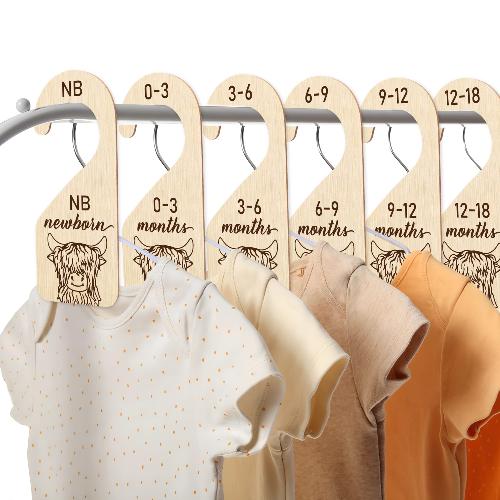Highland Cow Baby Closet Dividers - 8Pcs Double Sided Nursery Organizers with Wood Size Markers (0-24 Months) - Perfect for Baby Boy & Girl Wardrobe Organization, Ideal as Birthday & Christmas Gifts for New Parents