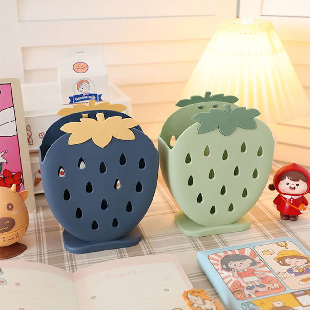 Cute Kawaii Strawberry Desk Organizer with 2 Compartments - Pencil Holder, Makeup Brush Organizer & Pen Storage for School, Office & Home Decor (Sage Green) | Perfect for Teens Room, Study Desk & Vanity Organization