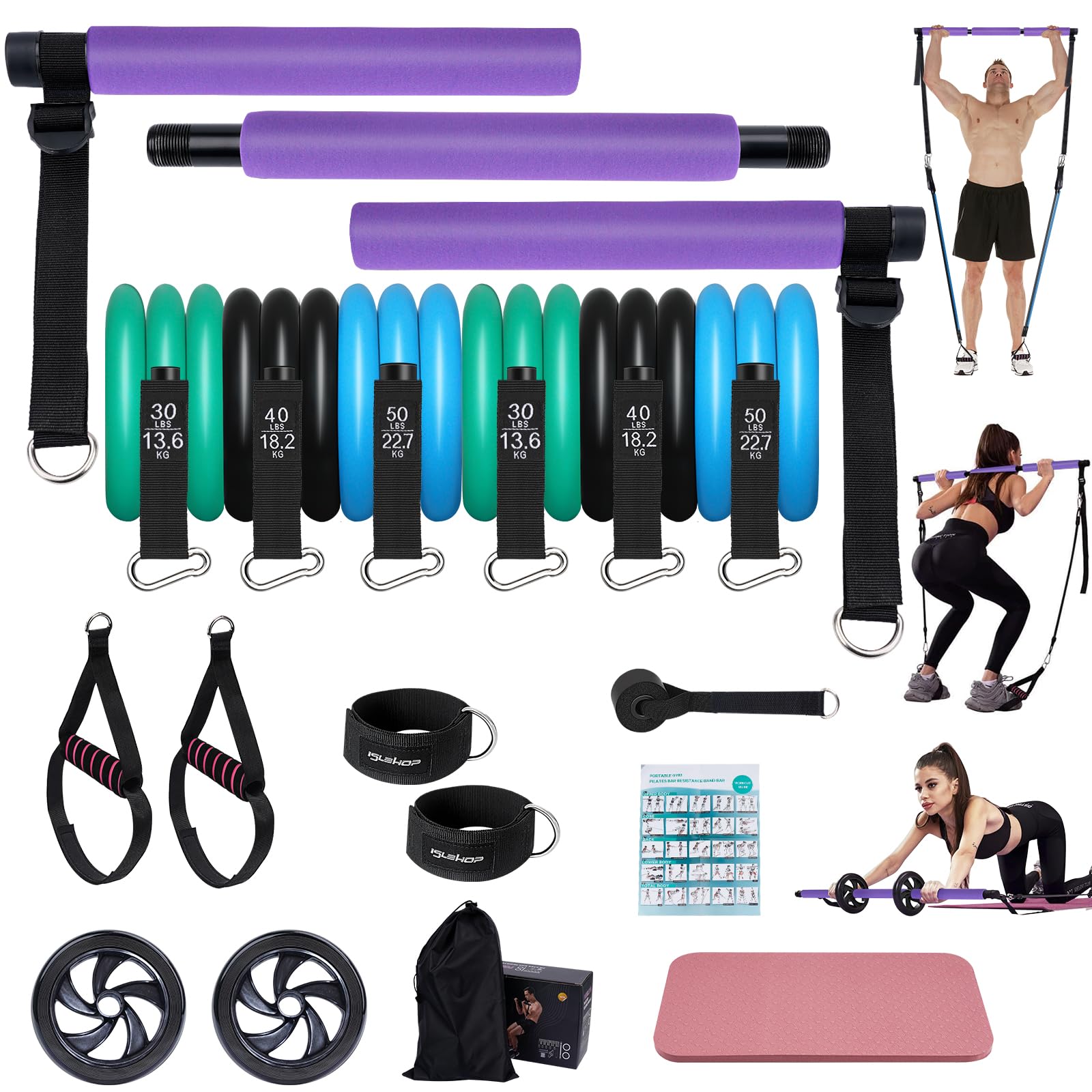 Pilates Bar Kit with 6 Resistance Bands - Yoga Exercise Bar with AB Roller - Portable Home Gym Equipment for Women & Men - Leg, Hip, Waist & Arm Workout - Perfect for Home Fitness, Yoga & Pilates Training